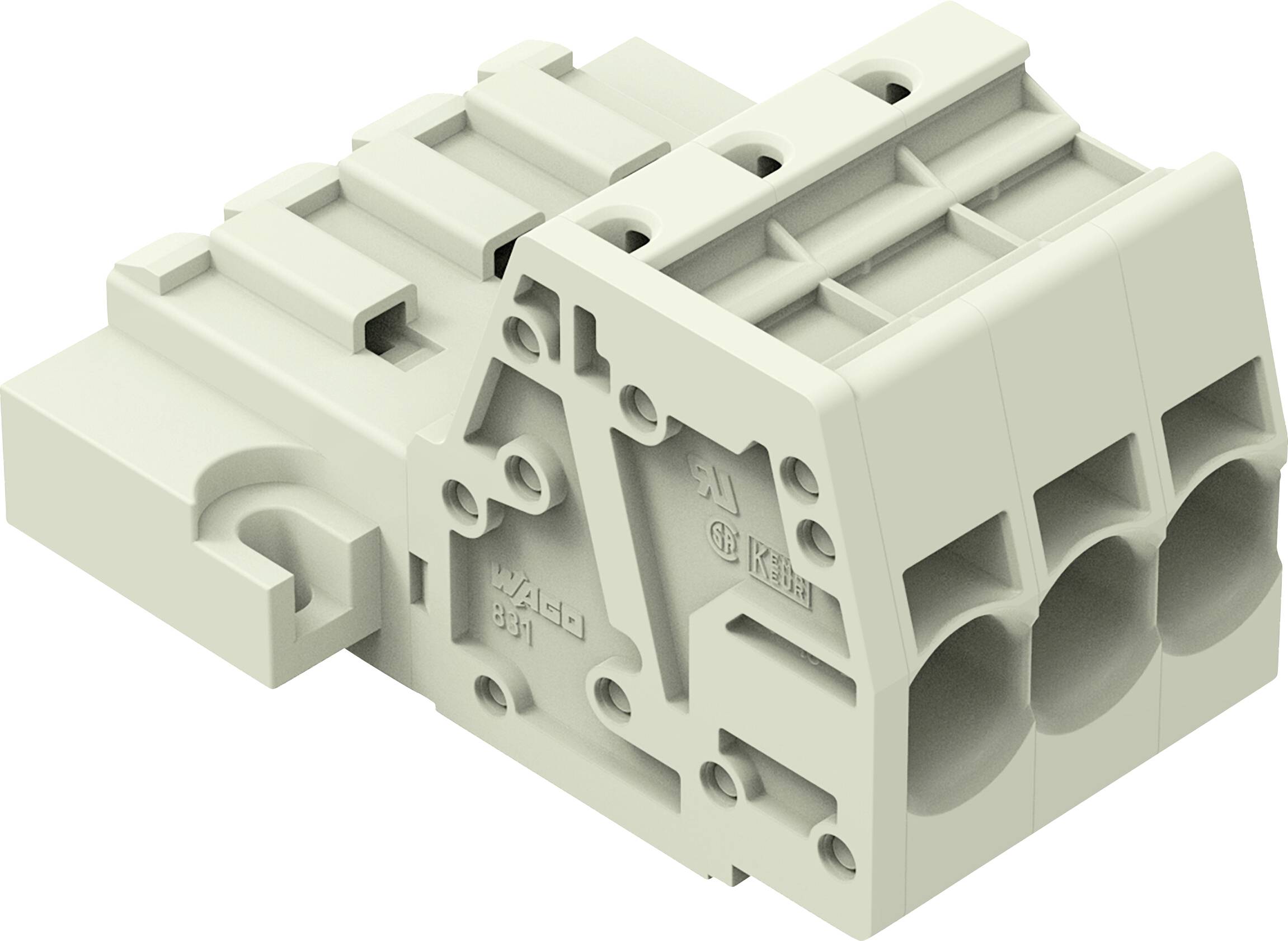 Ein Nahaufnahmebild eines hellgrauen, dreipoligen Elektrosteckers mit sichtbaren Schritzenschlitzen und geprägtem Text 