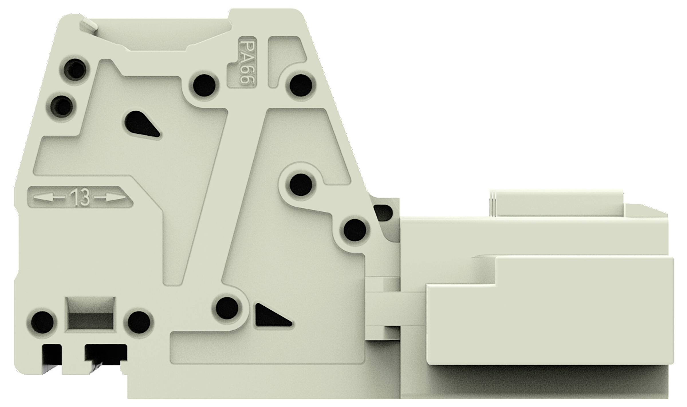 Ein weißes, L-förmiges DIN-Schienenklemmenblock mit der Nummer '13' darauf gekennzeichnet. Es ist für elektrische oder Verdrahtungsanwendungen konzipiert.