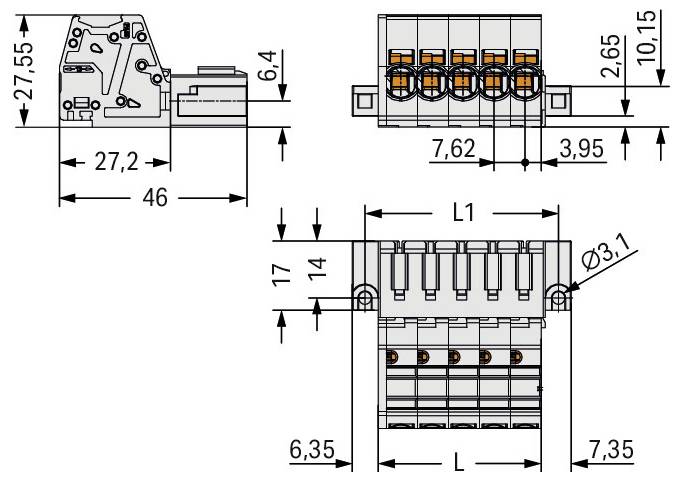 Technisches Schaltplan einer elektrischen Komponente mit Abmessungen. Draufsicht, Seitenansicht und Vorderansicht mit Maßstäben in Millimetern.