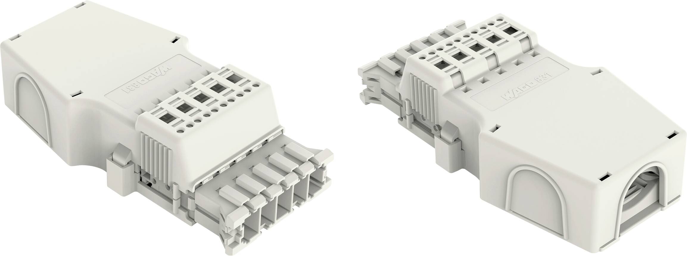 Zwei weiße Kunststoff-Elektronikverbinder, von verschiedenen Winkeln dargestellt, mit mehreren Schlitzen und Nuten für Drahtbefestigungen.