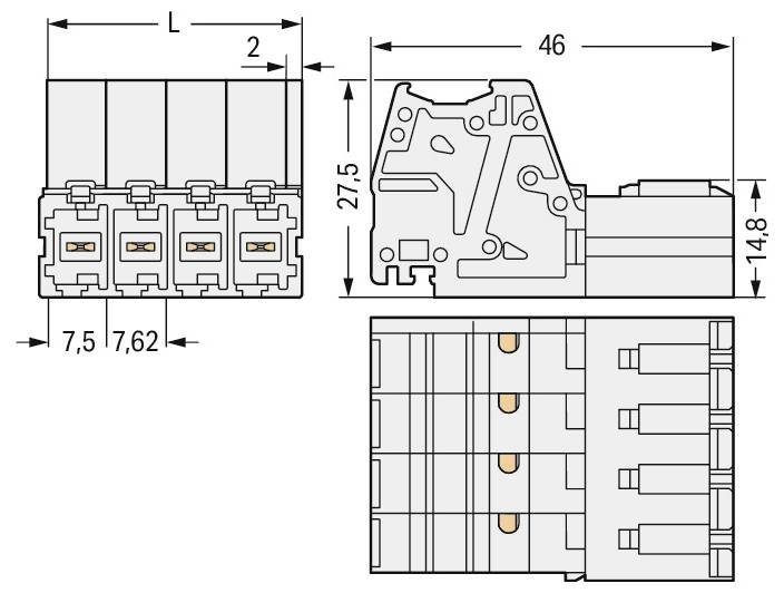 Technisches Diagramm einer elektronischen Komponente mit Vorder-, Seiten- und Draufsicht. Die Abmessungen sind in Millimetern angegeben.