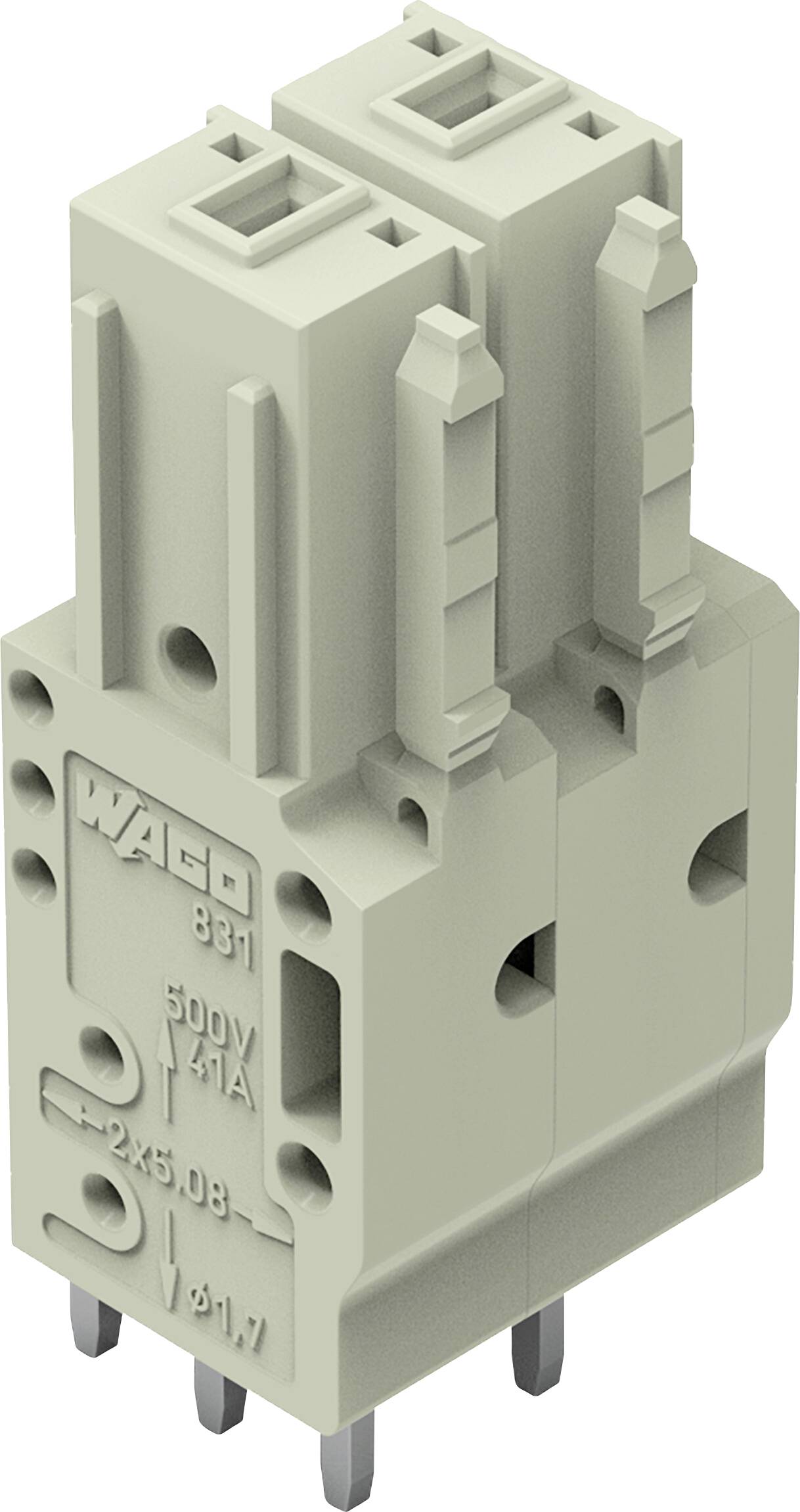 Ein beiger Elektrostecker, mit der Kennzeichnung 500V 41A, mit mehreren Kontaktstiften und mit WAGO sowie Codiernummern auf der Oberfläche beschriftet.