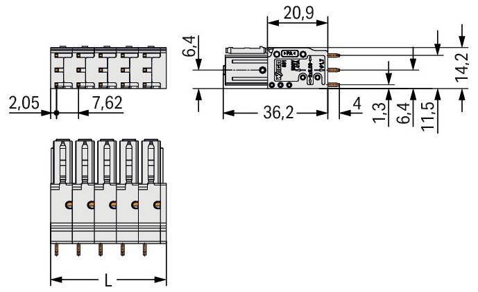 Technische Zeichnung eines elektrischen Steckers mit Maßangaben: 20,9 mm Breite, 14,2 mm Höhe und detaillierter Kontaktabstand.