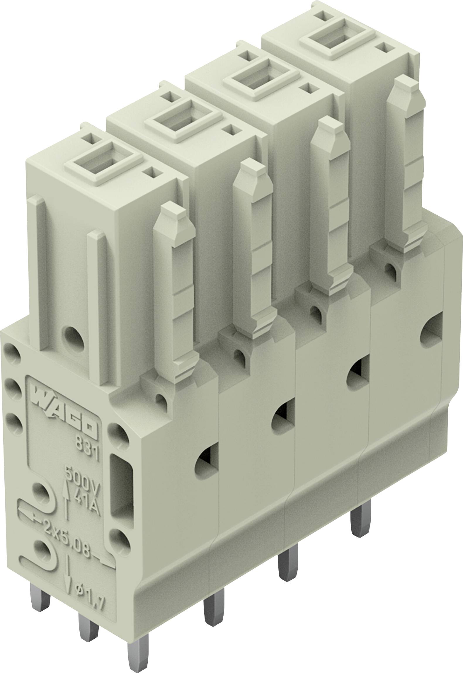 Ein dreipoliges modulares Klemmenblöck mit beschrifteten Anschlussöffnungen, entwickelt für elektrische Anwendungen, mit grauer Oberflächenfinish.