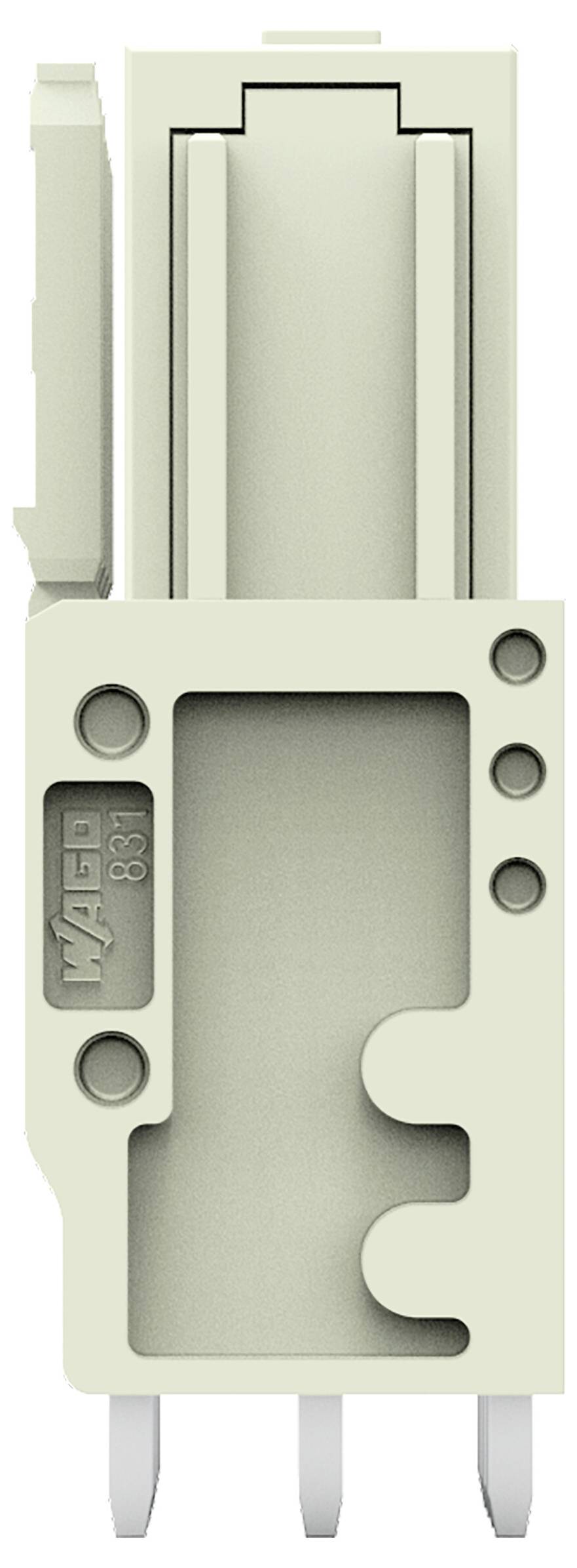 Bild eines hellgrauen, rechteckigen Verbindungsteils mit drei hervorstehenden Metallstiften am unteren Ende, das für elektrische Verbindungen konzipiert ist.