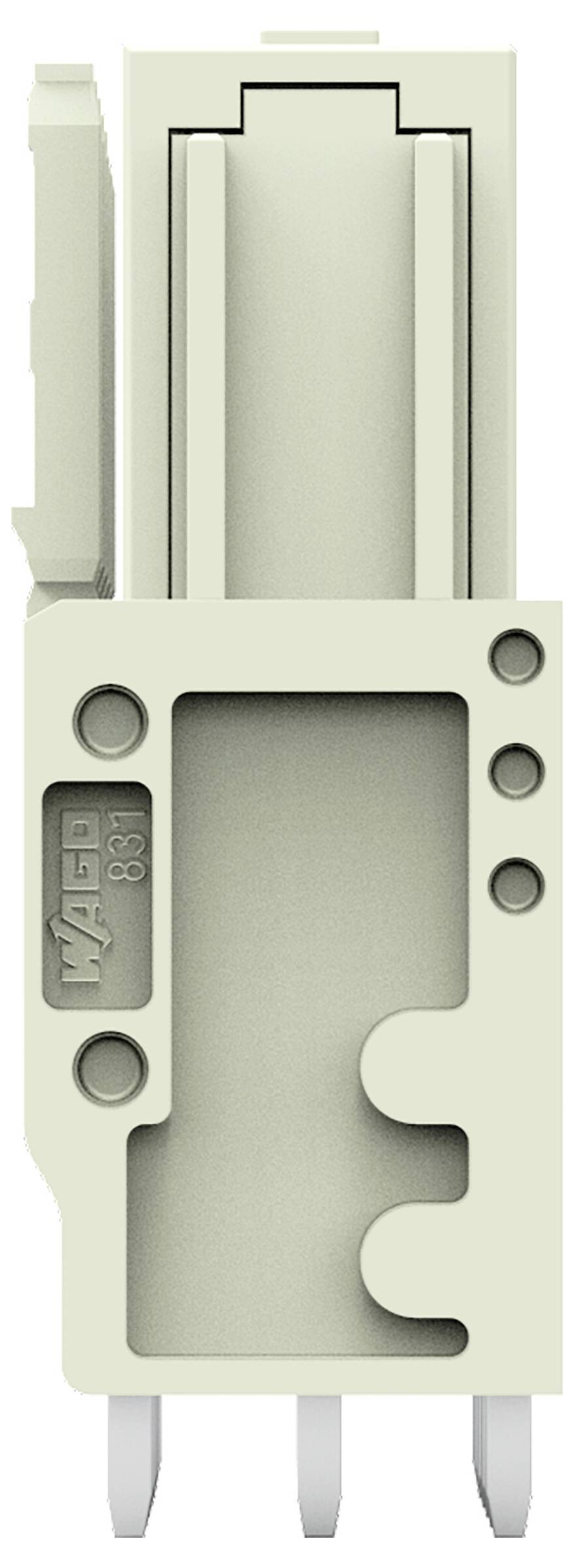 Eine Nahaufnahme eines beigen Elektrosteckers mit drei Metallstiften und einem Stempel mit Text auf der Seite.