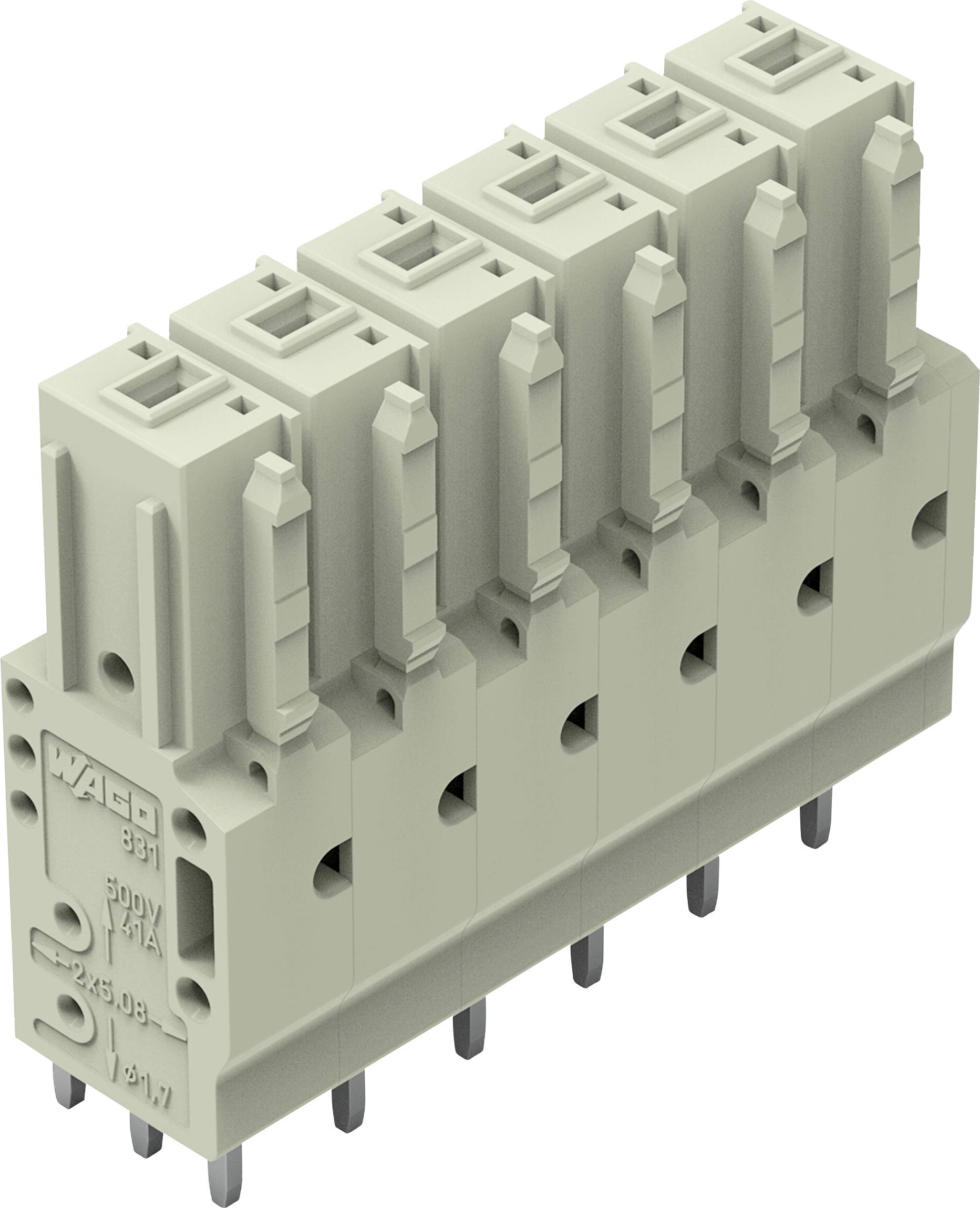 Ein sechspoliger elektrischer Steckverbinder mit grauem Kunststoffgehäuse und Metallstiften zur Leiterplattenmontage. Der Block ist mit Spezifikationen gekennzeichnet.