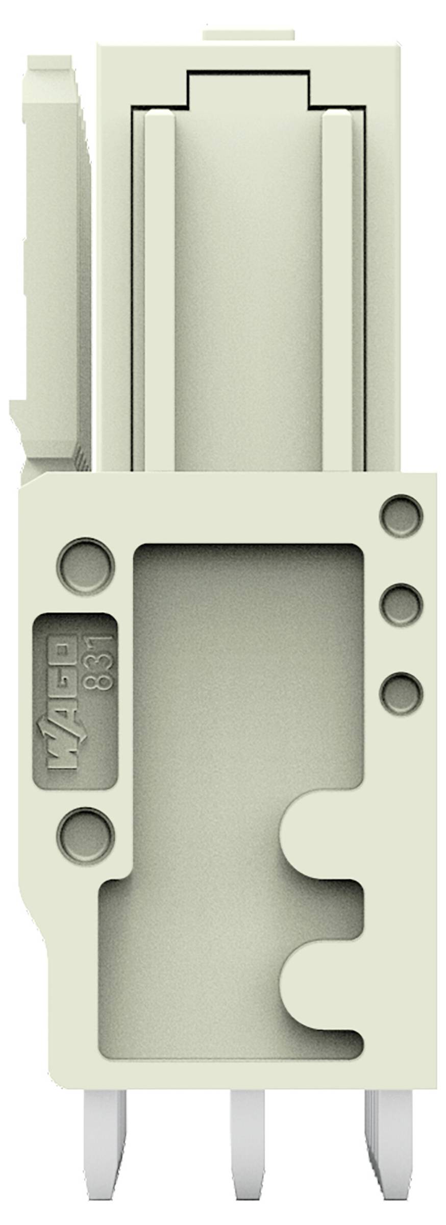 Ein hellgraues Elektroklemmleistenblock mit rechteckigem Design und drei Metallkontakten an der Unterseite, mit geprägter Markenbezeichnung auf der Seite.