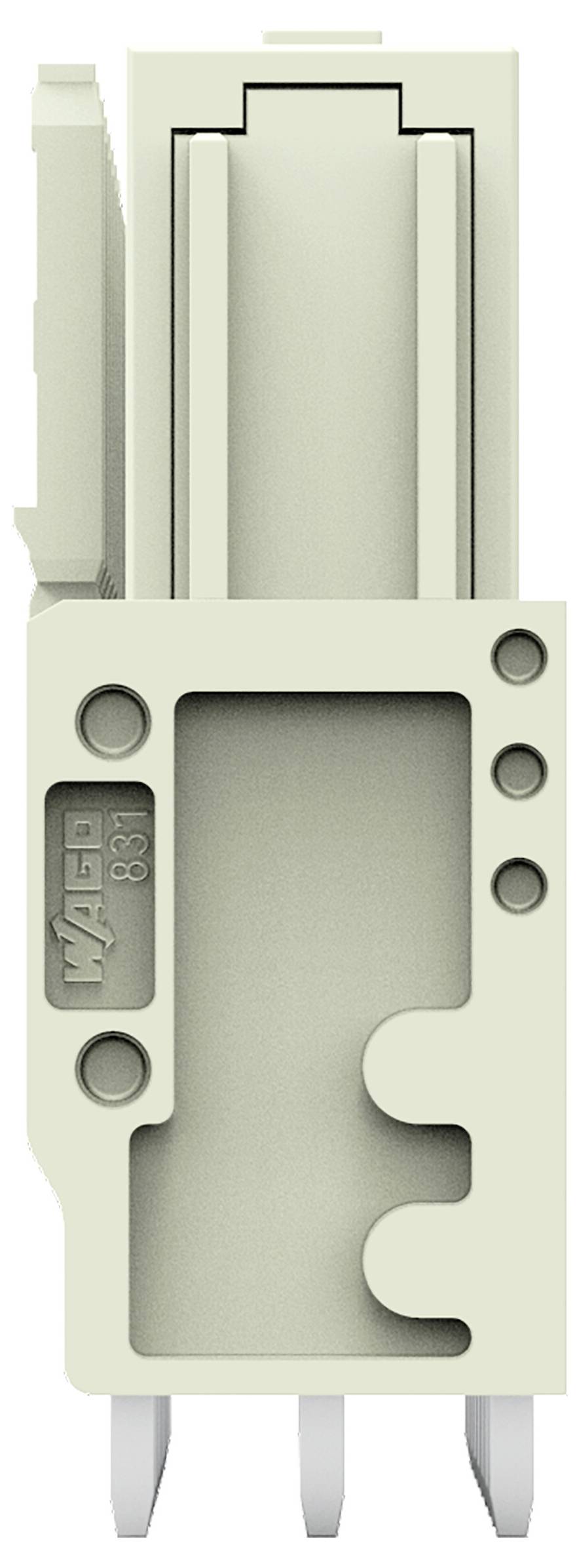 Ein beiger Elektrostecker mit drei Metallstiften und einer rechteckigen Buchse. Die Seite trägt den eingeprägten Markennamen „WAGO 893