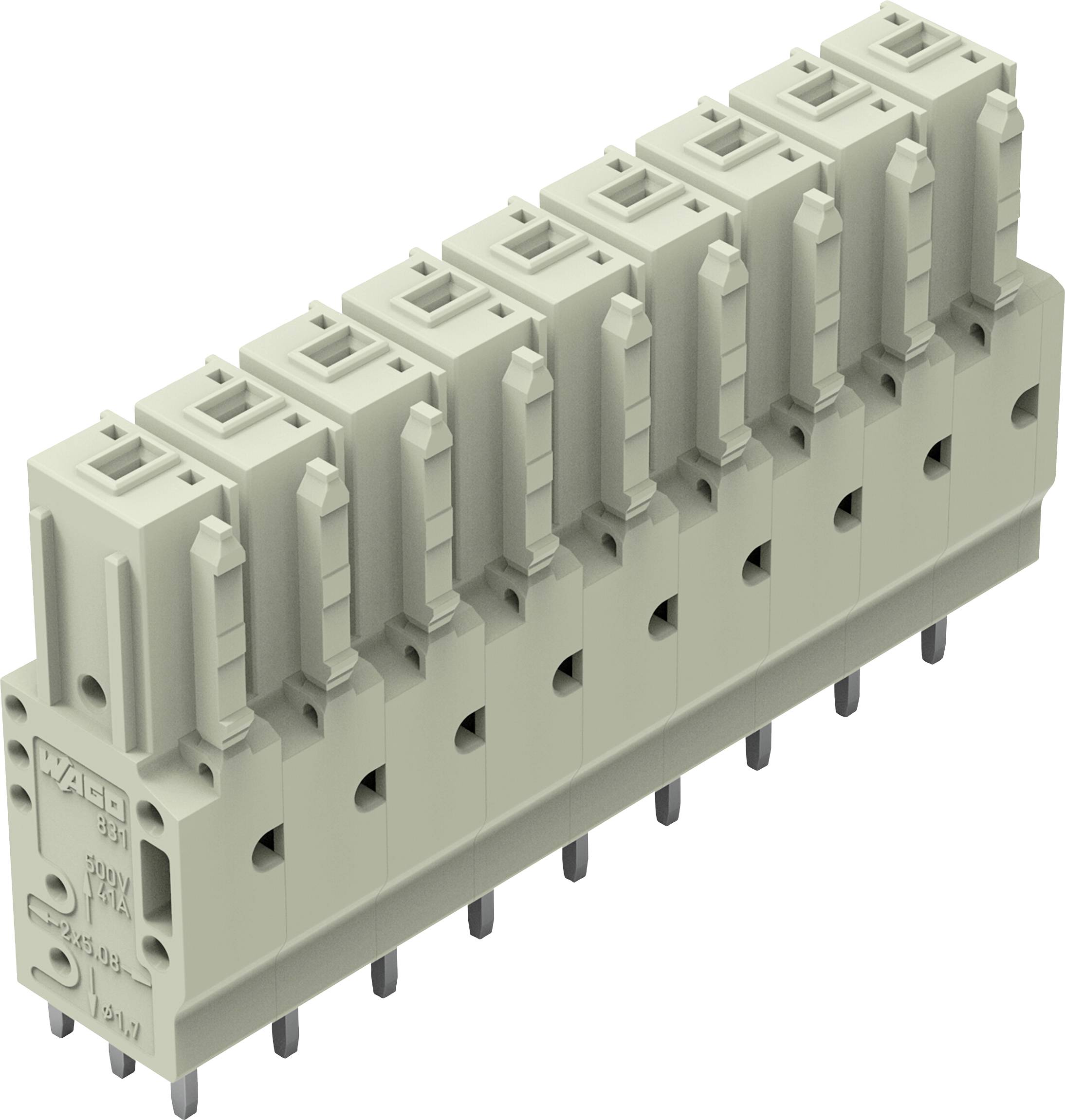 Eine Reihe von grauen, rechteckigen Elektrosteckverbindern, die vertikal angeordnet sind und die Steckpins am unteren Ende für Schaltungsverbindungen hervorheben.