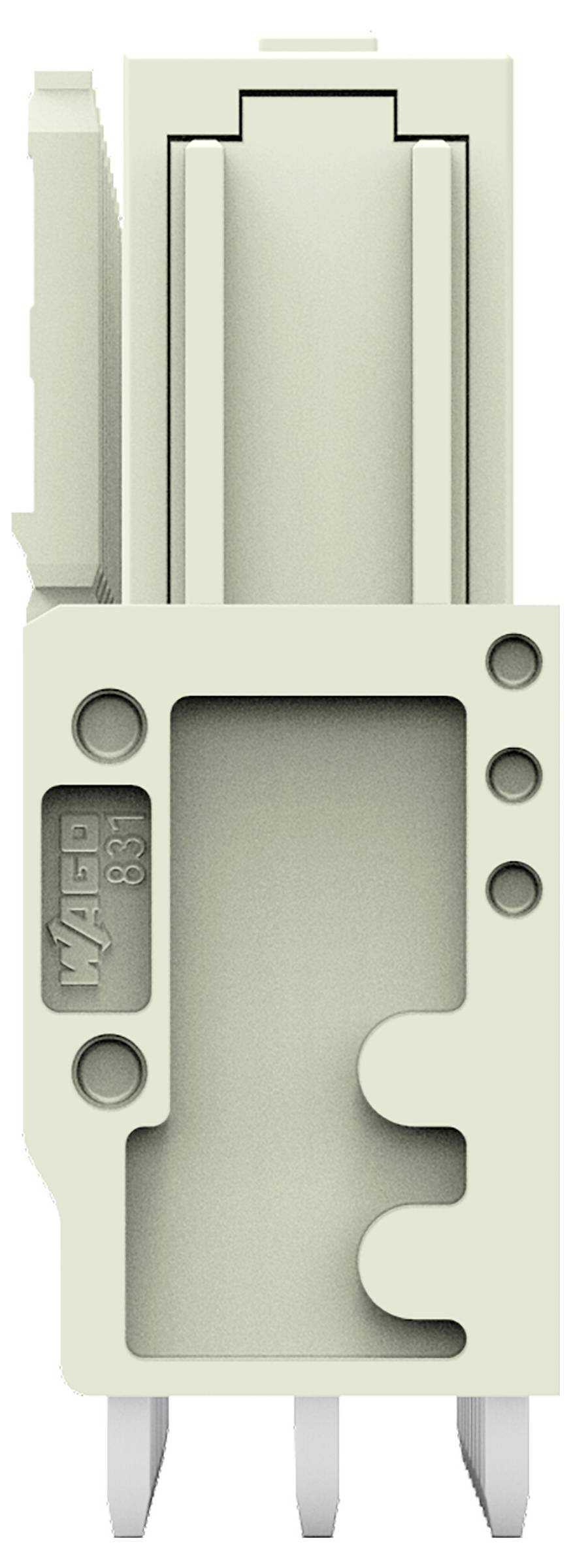 Ein beigefarbener WAGO 832 Steckverbinder mit drei sichtbaren Metallkontakten auf einer Seite.