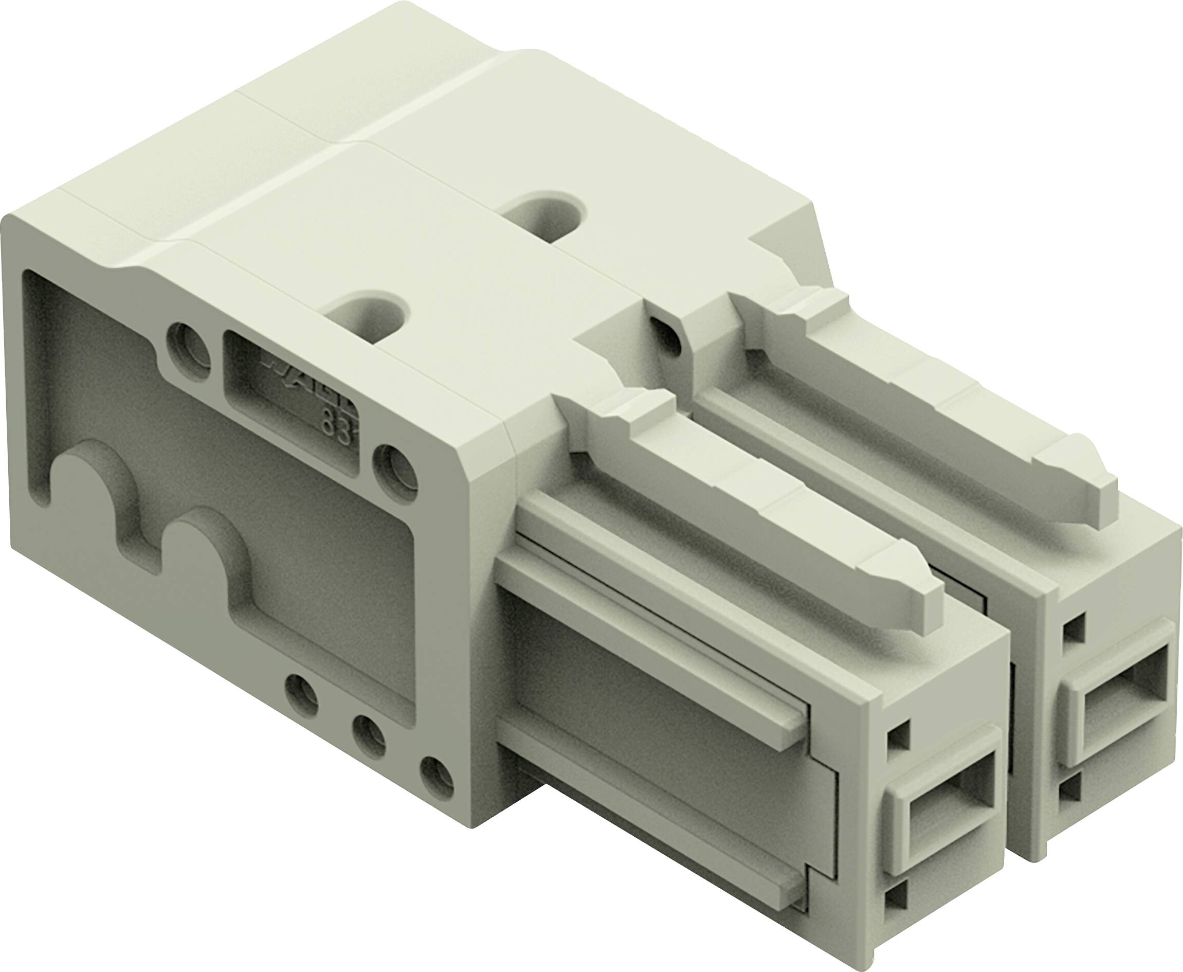 3D-Rendering eines doppelten Stromstecksteckersystems mit zwei Buchsen, mit rechteckigen Formen und paralleler Ausrichtung in grauer Farbe.