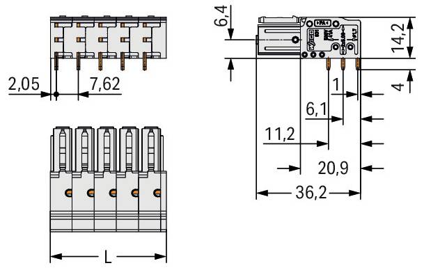 Technisches Diagramm eines 3-poligen Steckers mit detaillierten Abmessungen in Millimetern; 7,62 Breite, 14,2 Höhe und 36,2 Länge.