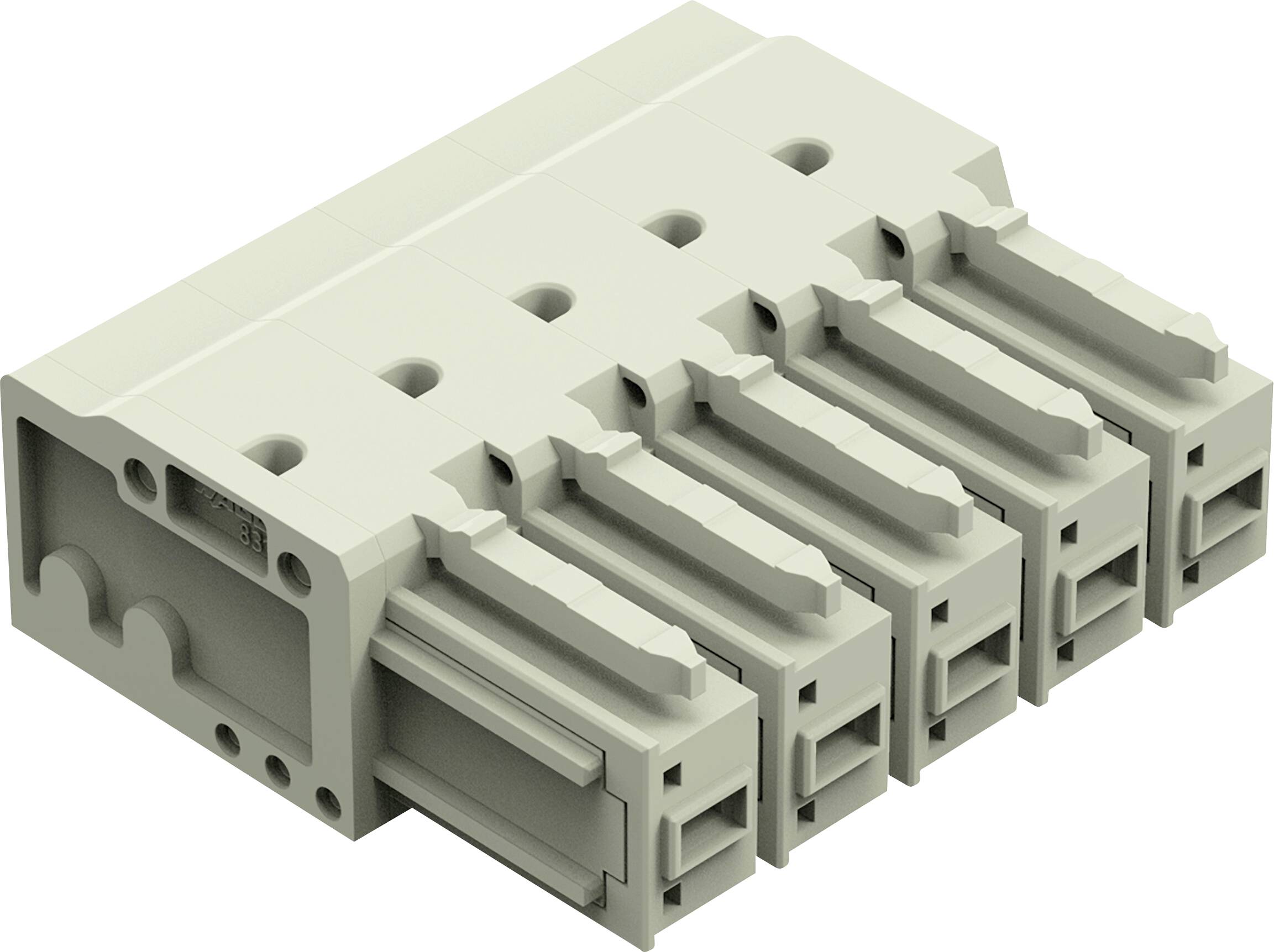 Ein fünfpoliger grauer Elektrostecker mit rechteckiger Ausführung, mit mehreren Schlitzen und Vertiefungen für sichere Verbindungen.