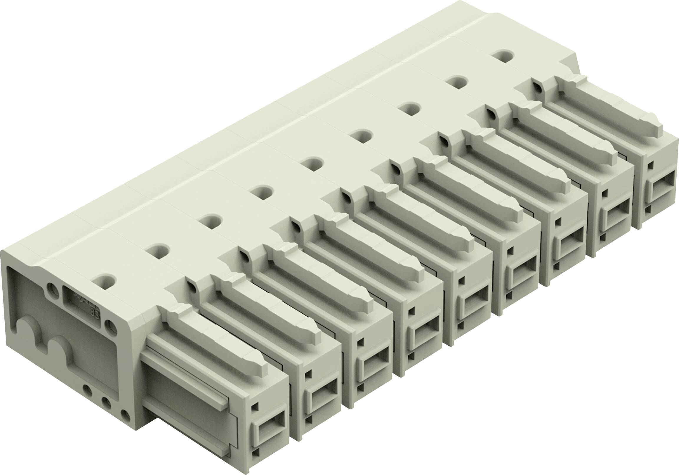 Ein beiges, rechteckiges elektronisches Steckverbinderklemmenblock mit mehreren Schlitzen für Kabelverbindungen, von leicht oben betrachtet.