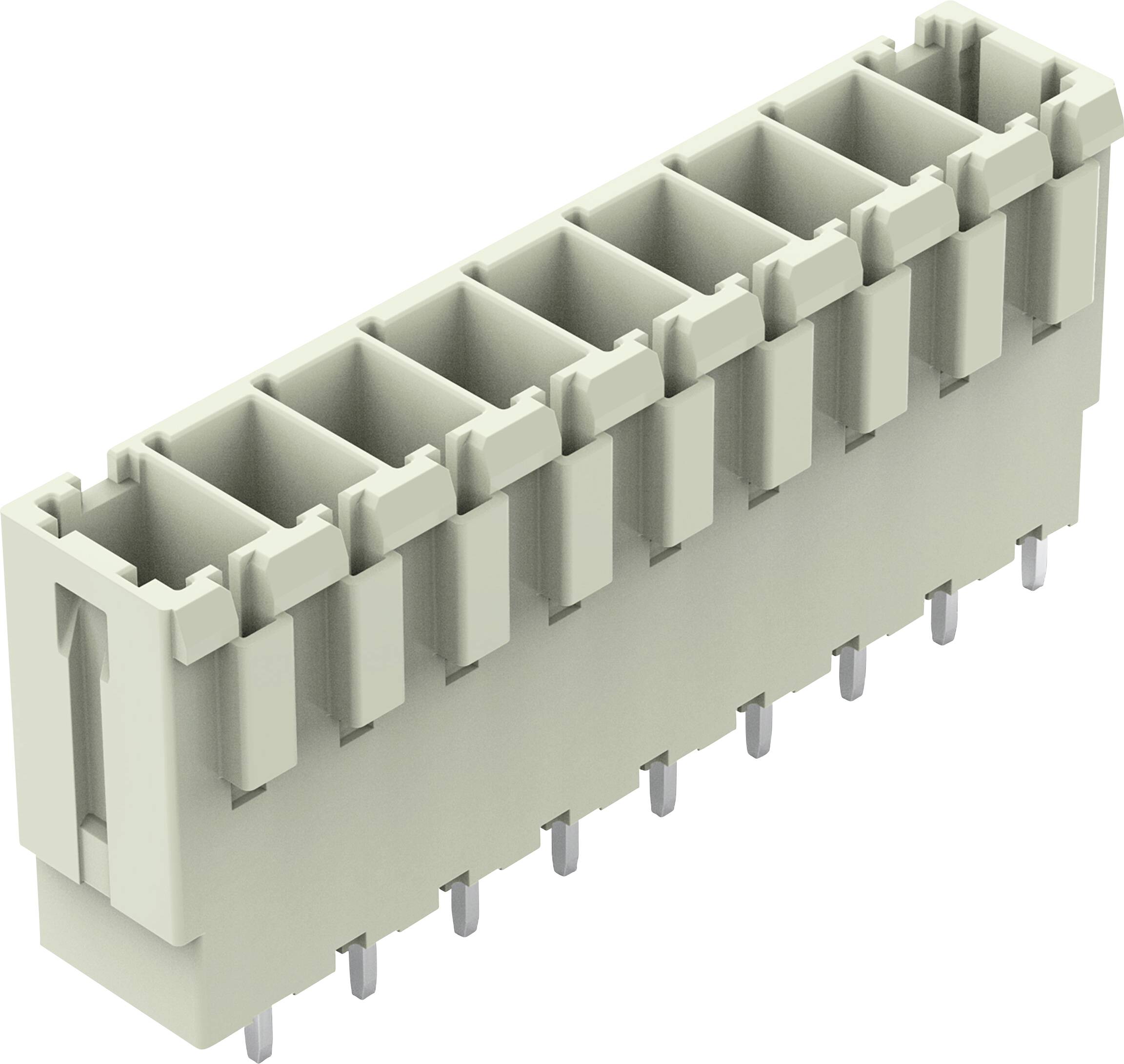 Ein grauer Elektrostecker mit mehreren quadratischen Schlitzen und Metallstiften zur sicheren Befestigung an einer Leiterplatte.