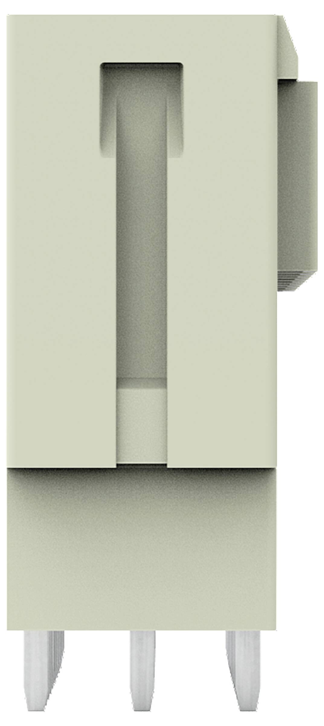 Ein beige, rechteckiges elektronisches Bauteil mit vier Metallstiften am unteren Ende.