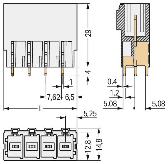 Technische Zeichnung eines 4-poligen Elektrosteckers mit Abmessungen: 29 mm Höhe, 7,62 mm Stiftabstand, 5,25 mm Breite, Seitenprofilansichten.