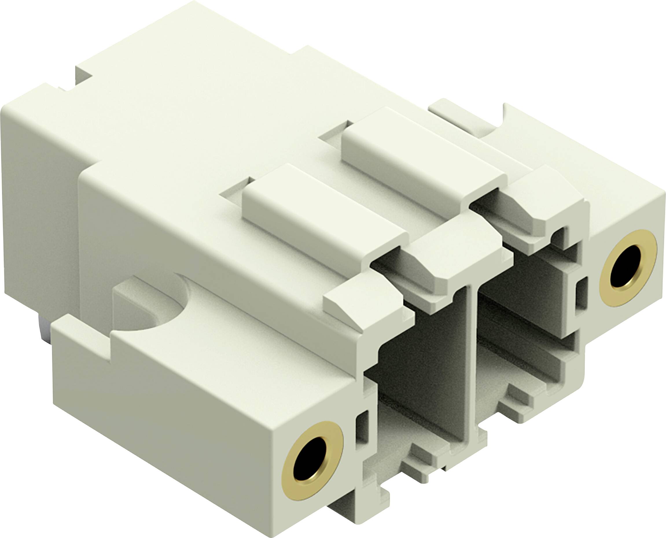 Eine grau, rechteckige mechanische Komponente mit mehreren Schlitzen und Verbindungen, wahrscheinlich zur Verwendung in elektronischen oder industriellen Anwendungen.