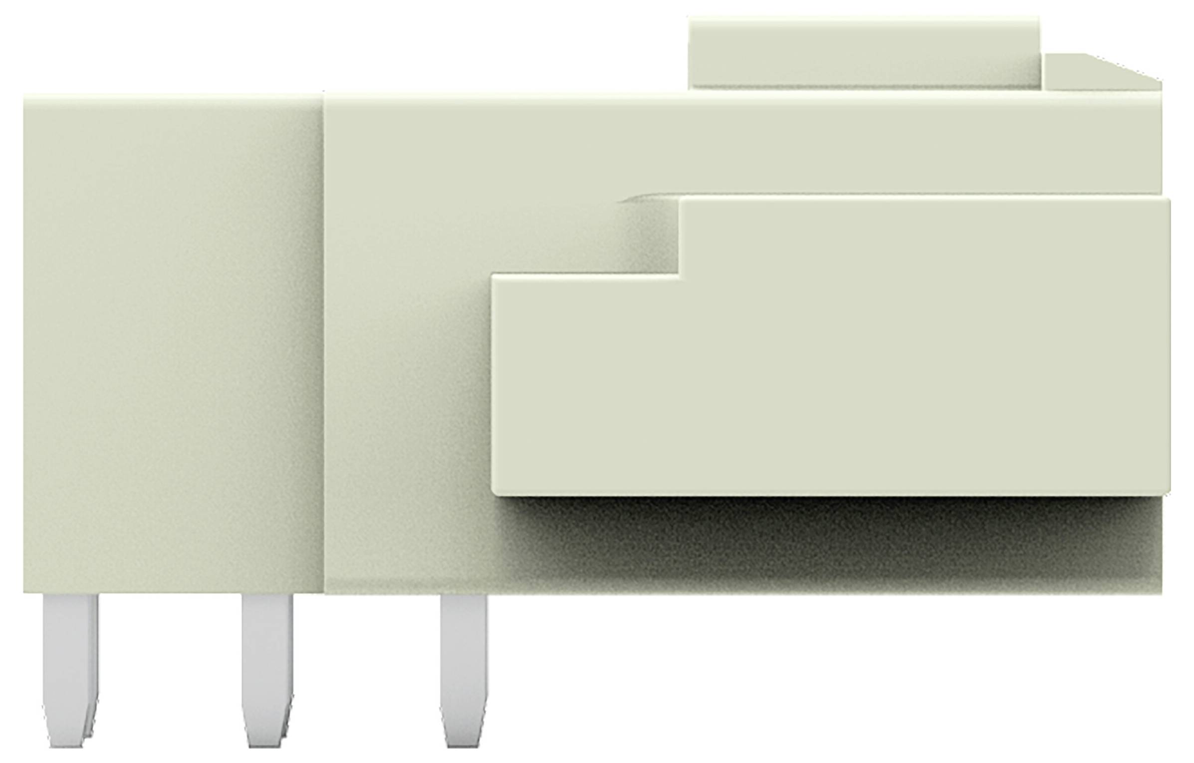 Ein 3D-Modell einer beigen elektrischen Komponente mit drei metallischen Stiften, die von der Unterseite herausragen und zur Montage auf einer Leiterplatte bestimmt sind.