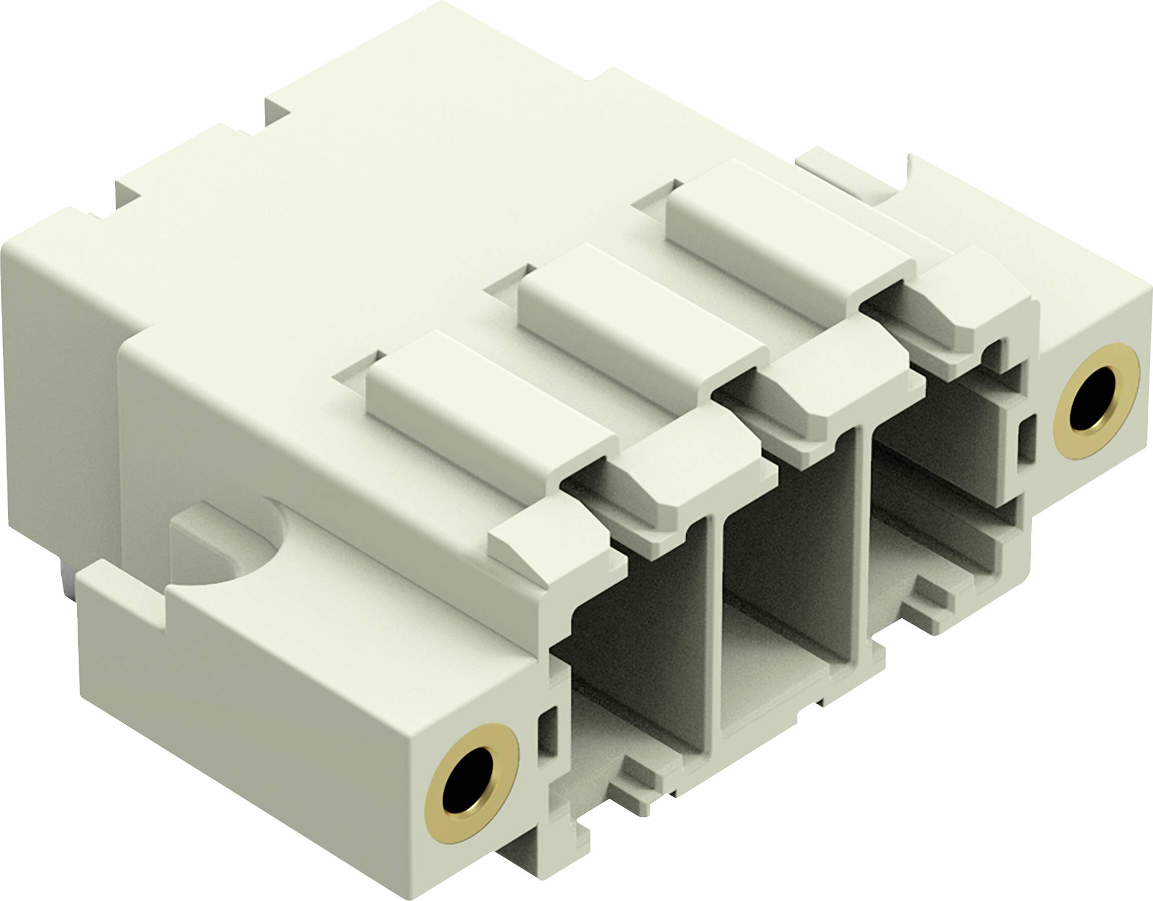 Ein beiger Elektrostecker mit drei Zapfen und zwei kreisförmigen Löchern auf jeder Seite, der zum Befestigen von Elektrokabeln verwendet wird.