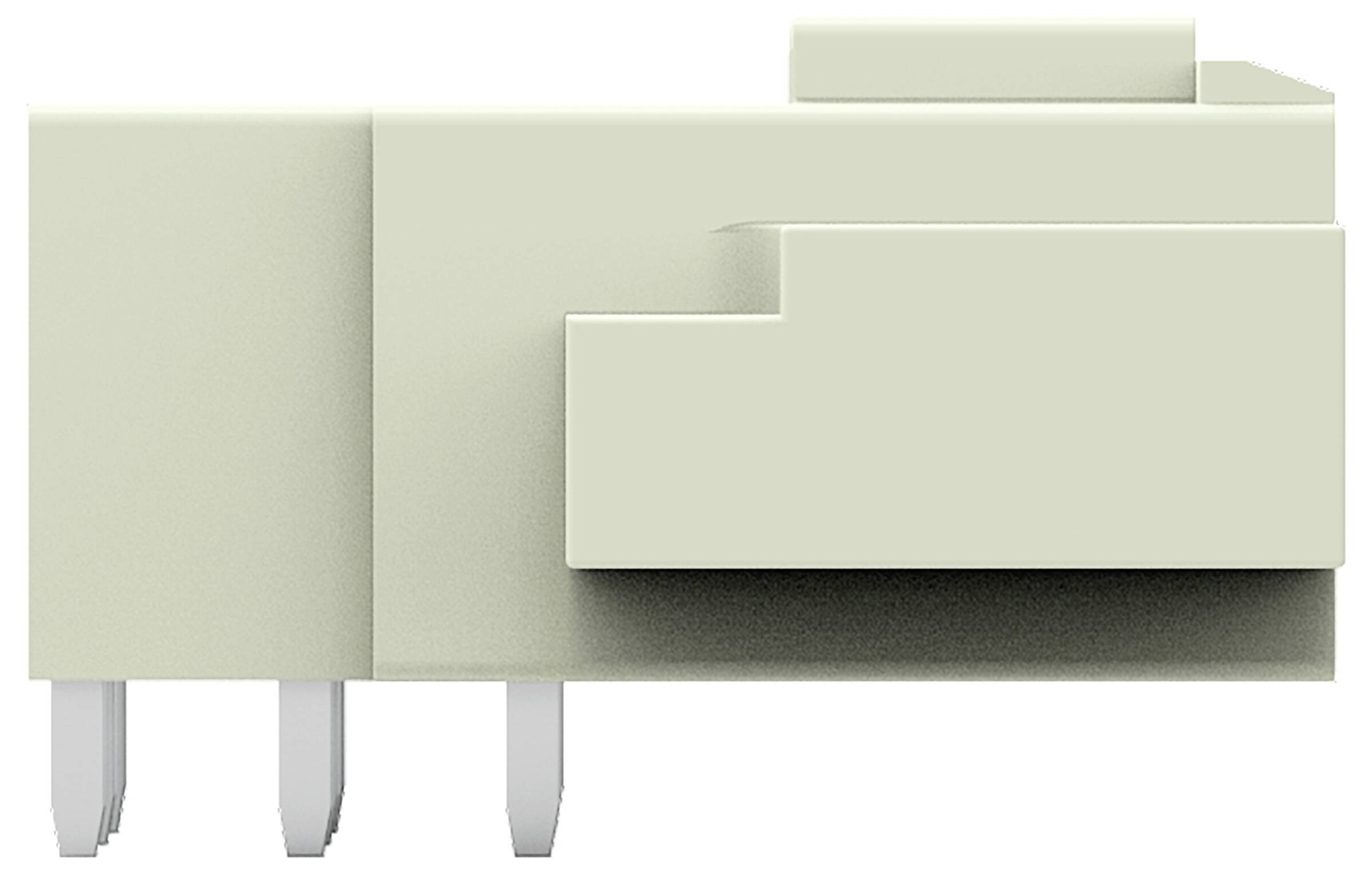 Ein 3D-Modell einer beigen Architekturstruktur mit vorstehenden Abschnitten und drei vertikalen weißen Stützen darunter.