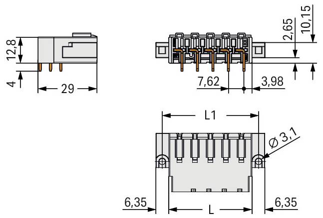Technische Zeichnung eines Steckers mit Seiten- und Vorderansicht sowie Maßangaben; umfasst Stiftabstand, Gesamtlänge und Höhenabmessungen.