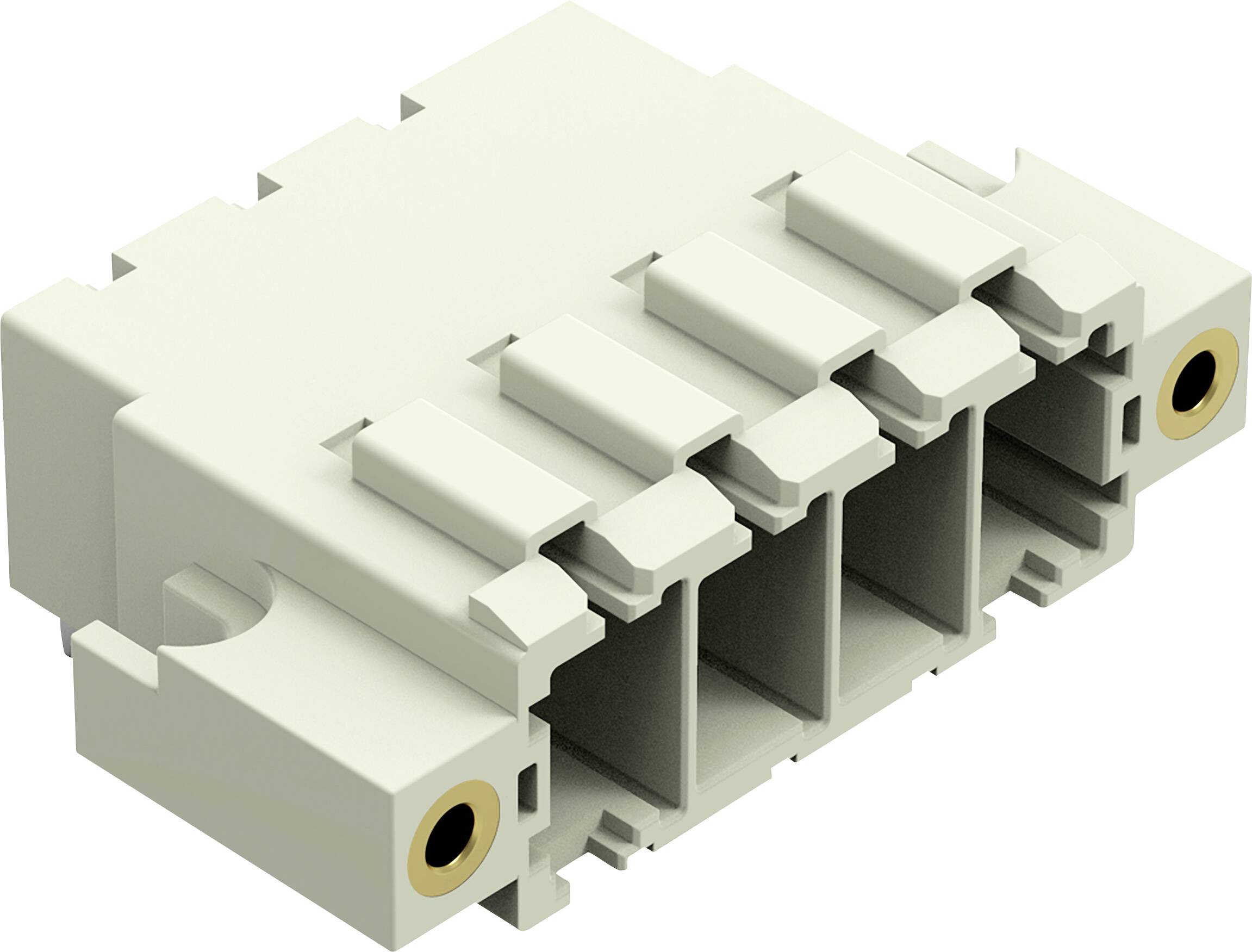 Eine Nahaufnahme eines beigen Elektrosteckergehäuses mit drei rechteckigen Schlitzen und zwei kreisförmigen Metalleinsätzen an den Seiten.