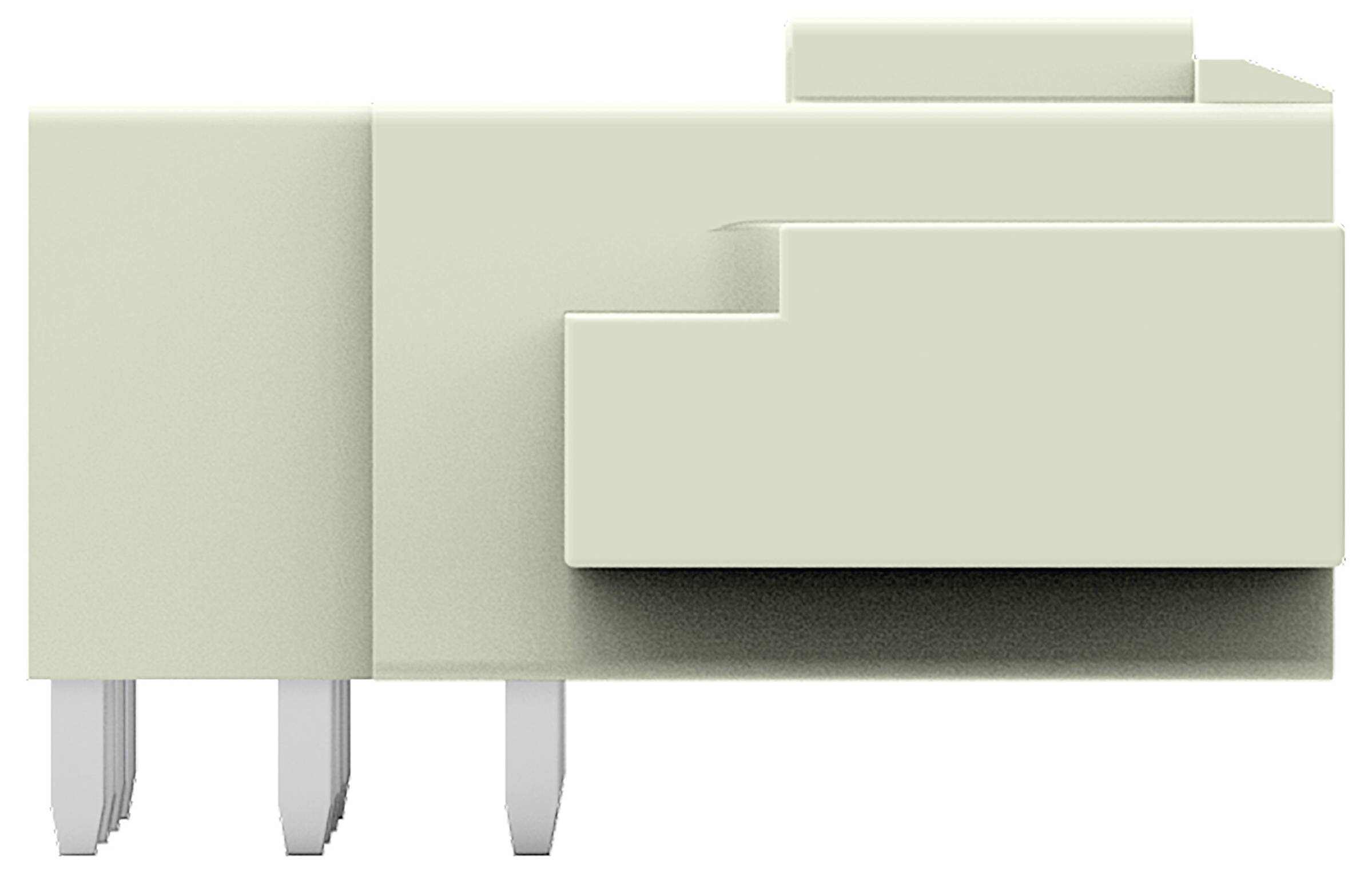 Eine Nahaufnahme eines beigen, rechtwinkligen elektronischen Steckers mit drei Metallstiften, die nach unten abstehen.