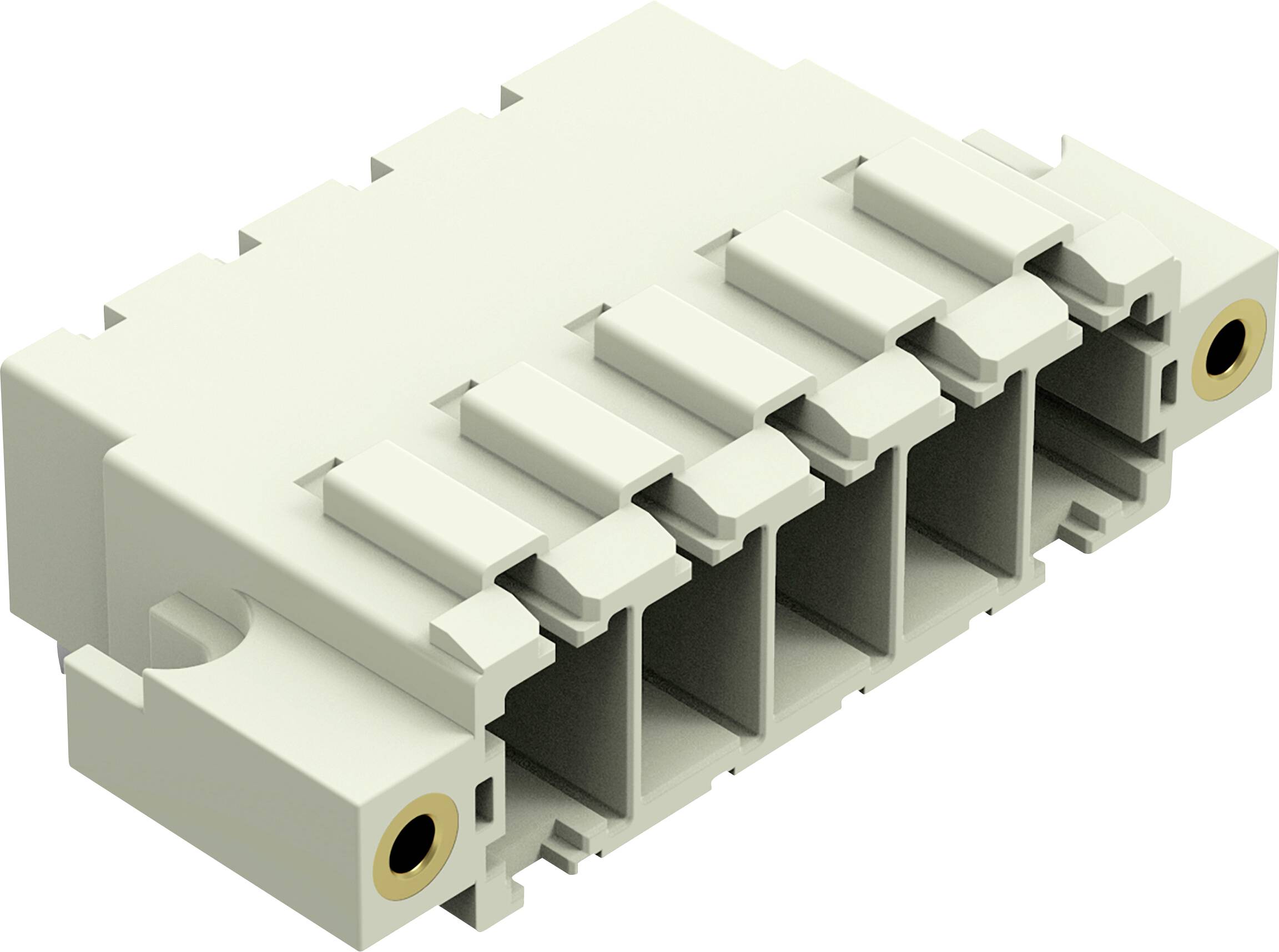 Fünf-Steck-Elektrostecker, cremeweiß, rechteckig, aus einem Winkel betrachtet. Konzipiert für mehrere Drahteinführungen, mit zwei Metallkontaktpunkten.