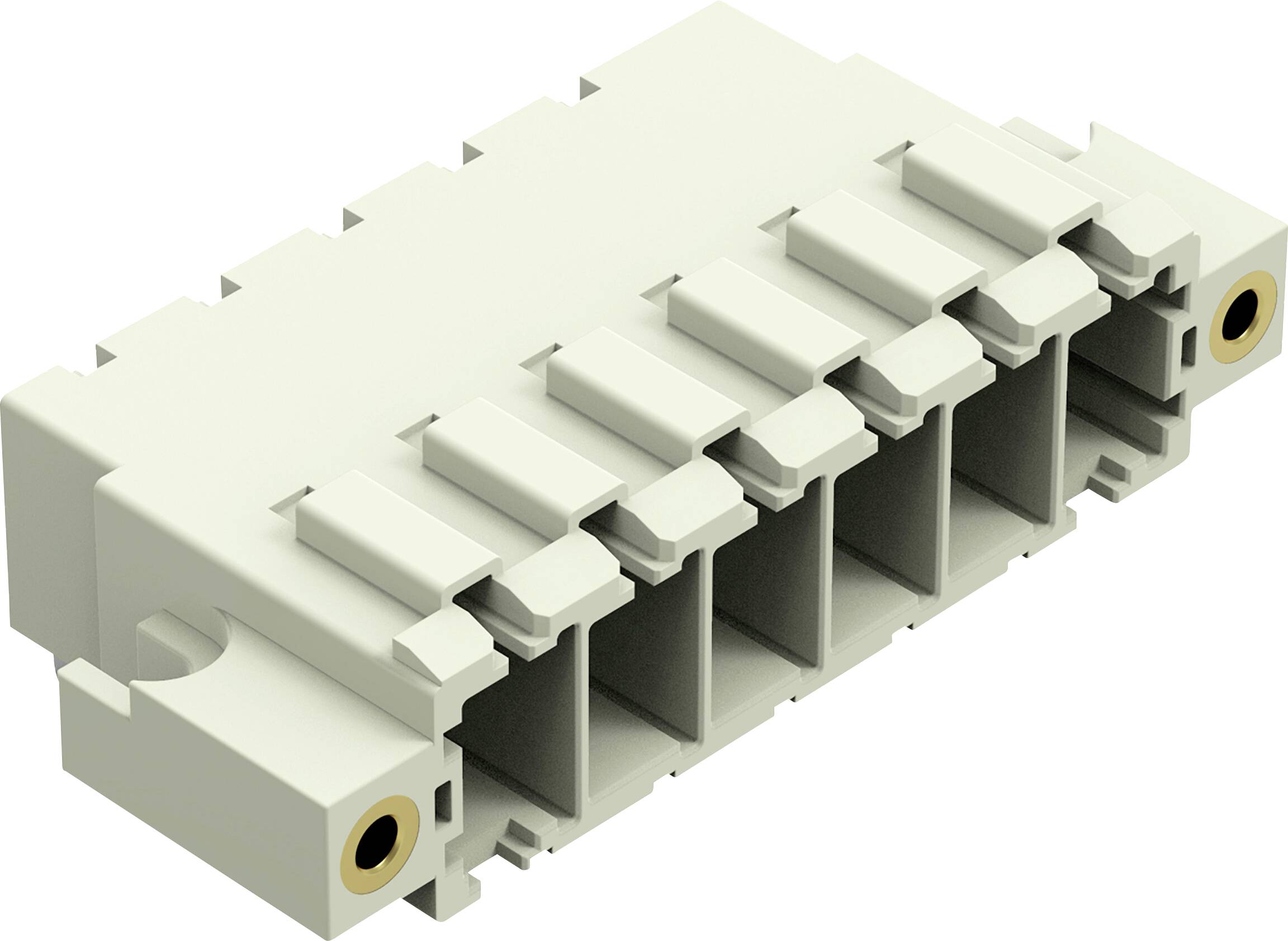 Ein beiger elektronischer Stecker mit sechs Steckplätzen, der für elektrische oder Datenverbindungen verwendet wird. Er hat Metallkontakte auf einer Seite zur sicheren Befestigung.