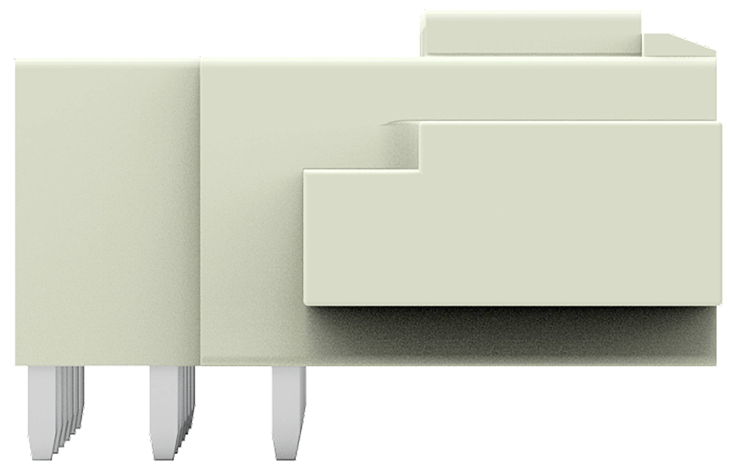 Ein hellbeige, rechteckiges, verschlungenes 3D-Objekt mit vorstehenden Spitzen auf der Unterseite, möglicherweise eine Komponente oder ein Stecker für elektronische Geräte.