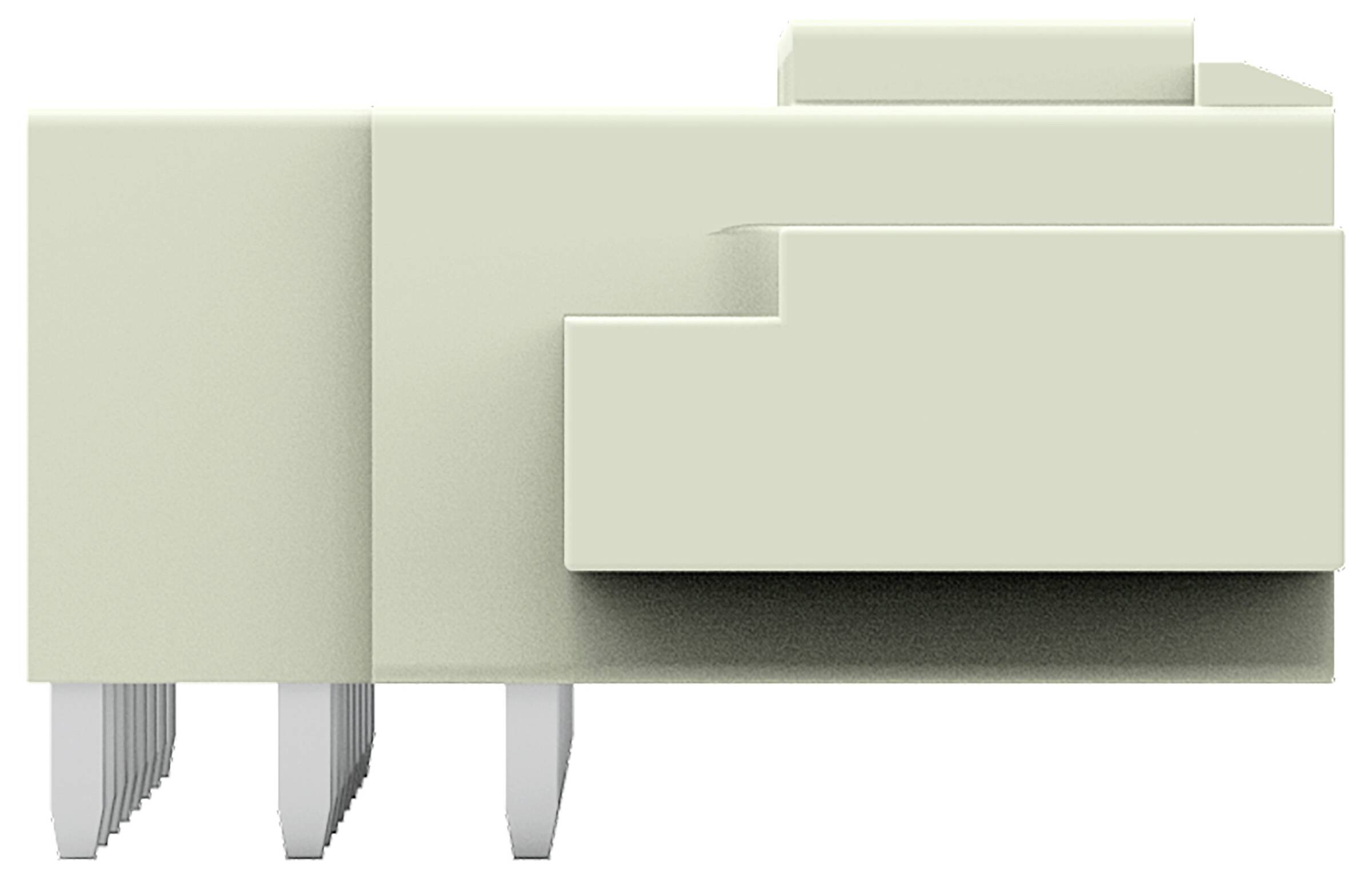 Vorderansicht eines beigefarbenen, rechteckigen Steckers mit mehreren Metallstiften, die von unten herausragen und für elektronische Schaltungsverbindungen verwendet werden.