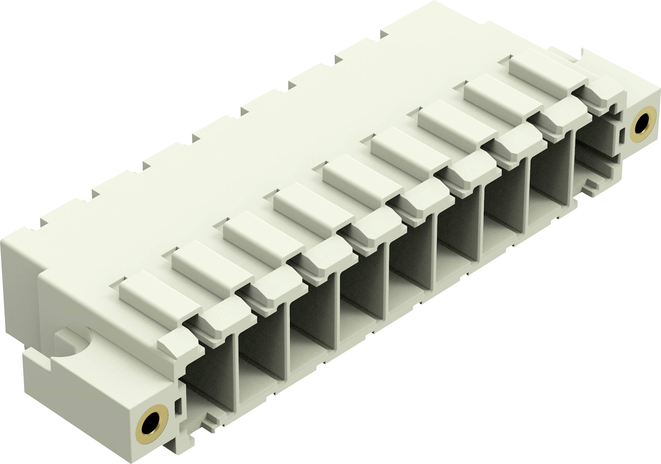 Ein rechteckiger, hellgrauer 8-Port-Keystone-Buchsenhalter mit modularen Steckplätzen für Netzwerkverbindungen.