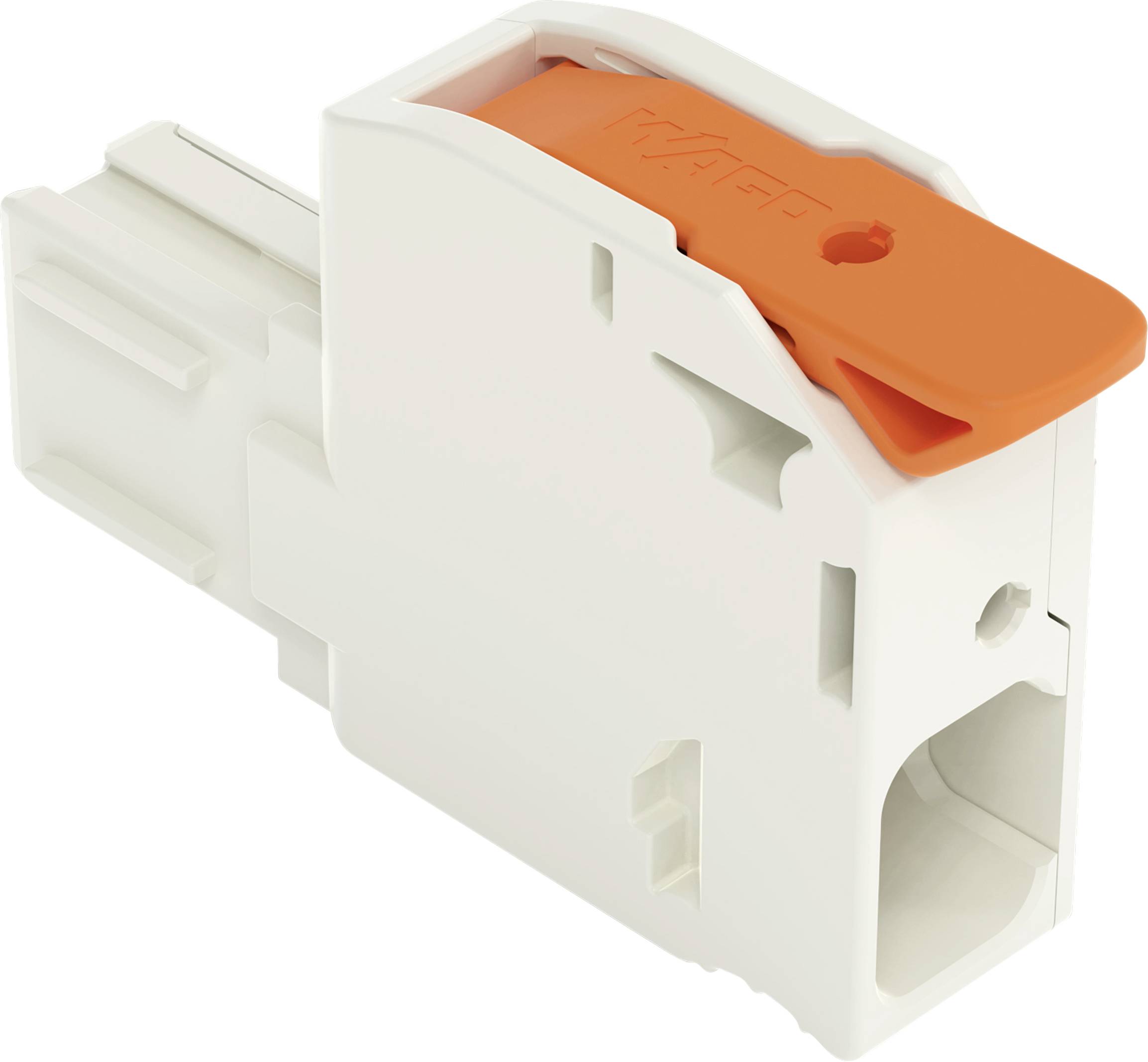 Ein kompakter, weiß-orange farbener Elektrostecker mit Hebelmechanismus zur einfachen Installation auf DIN-Schienen in Elektrokreisen.