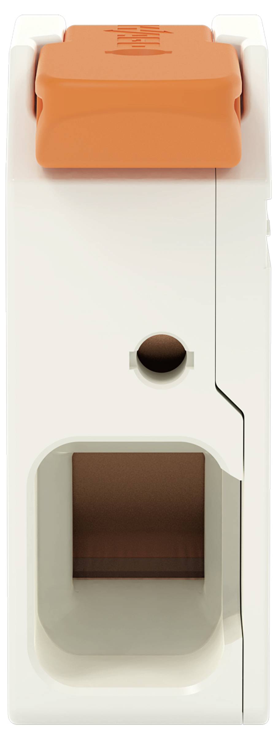 Ein weißes und orangefarbenes Elektrogerät, möglicherweise eine Klemmenleiste, mit einem sichtbaren Klemmschlitz und einer Bohrung zur Drahteinführung.