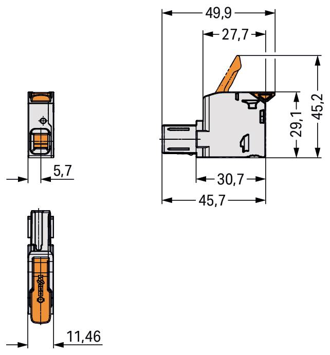 Technische Zeichnung eines elektrischen Steckers mit Abmessungen einschließlich 49,9 mm Breite, 45,2 mm Höhe und 11,46 mm Länge.