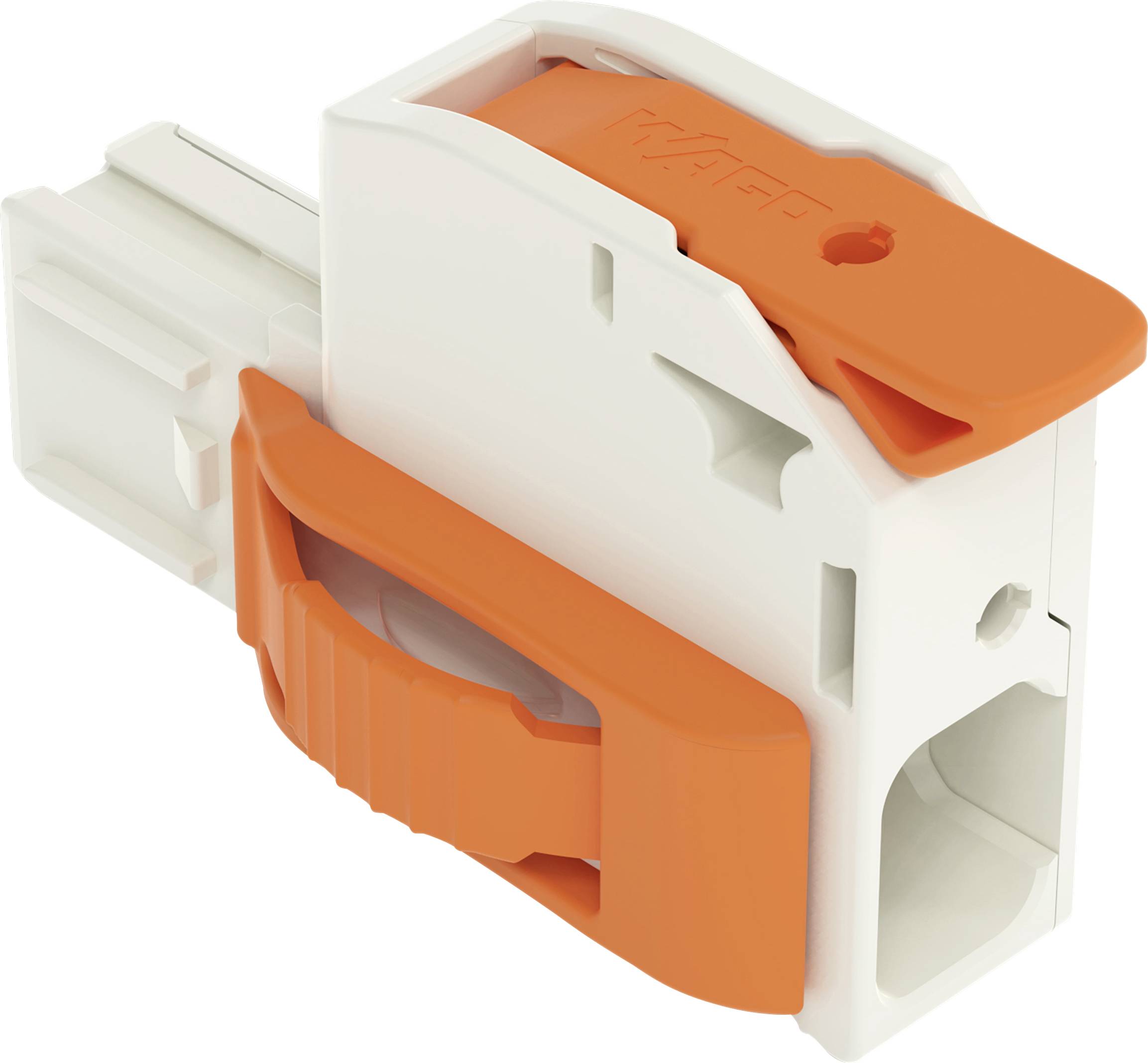 Kunststoff-Elektrokabelstecker mit orangem Hebel zur Sicherung von Drähten, entwickelt für einfache Installation und sichere Verbindungen.