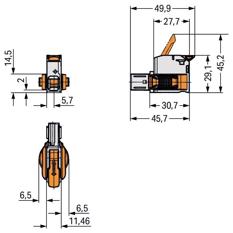 Technisches Diagramm mit Abmessungen einer mechanischen Komponente mit Messungen in Millimetern. Schlüsselabmessungen für Präzision gekennzeichnet.