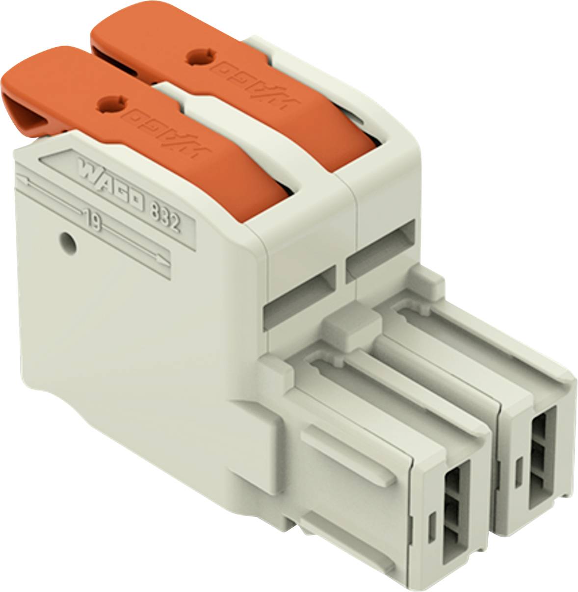 Ein grauer zweipoliger Elektrostecker mit orangefarbenen Hebeln, mit der Bezeichnung „WAGO 832