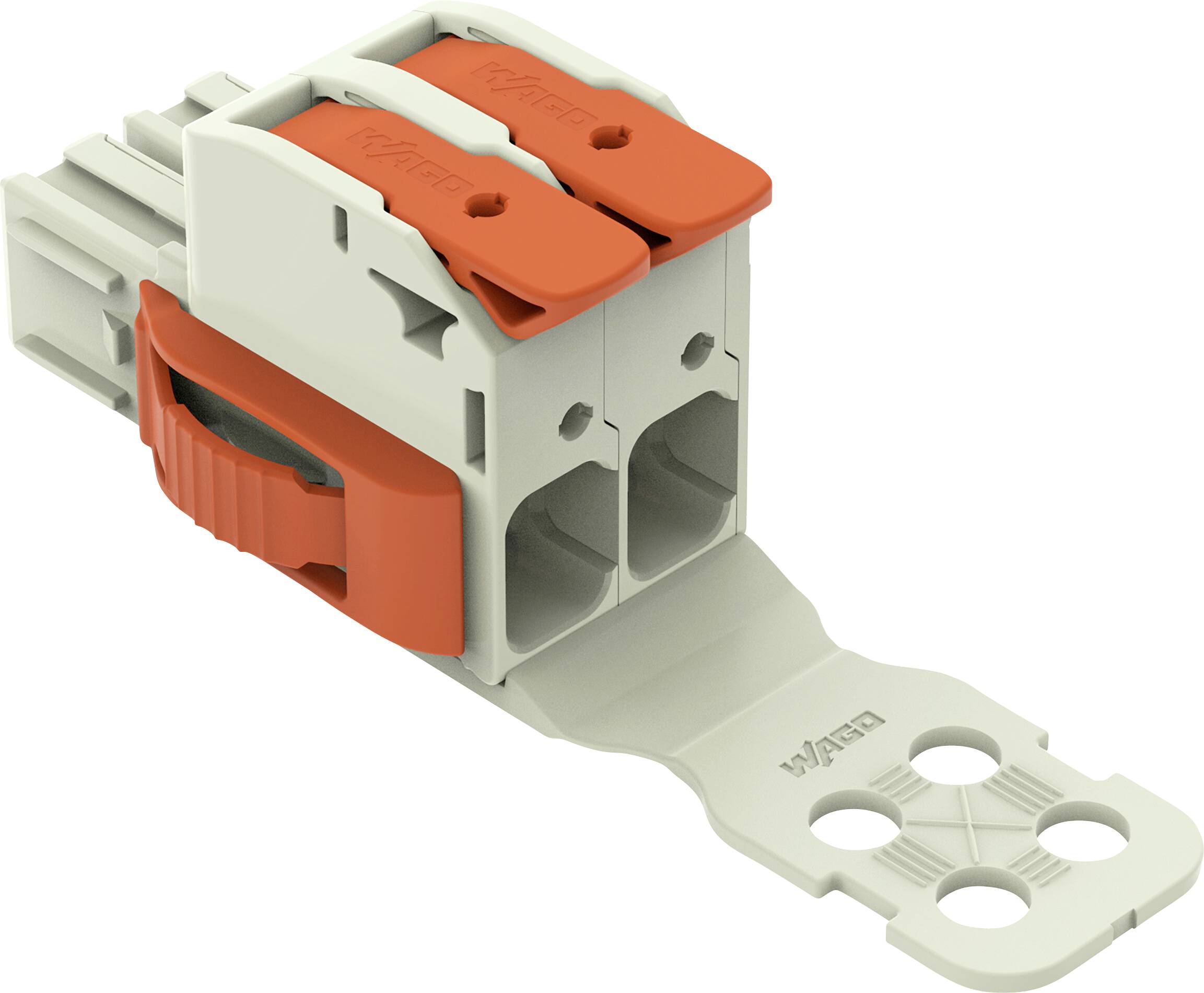 Ein kompakter elektrischer Steckverbinder mit zwei orangefarbenen Hebeln und Montagelöchern, entwickelt für sichere Drahtverbindungen und einfache Installation.