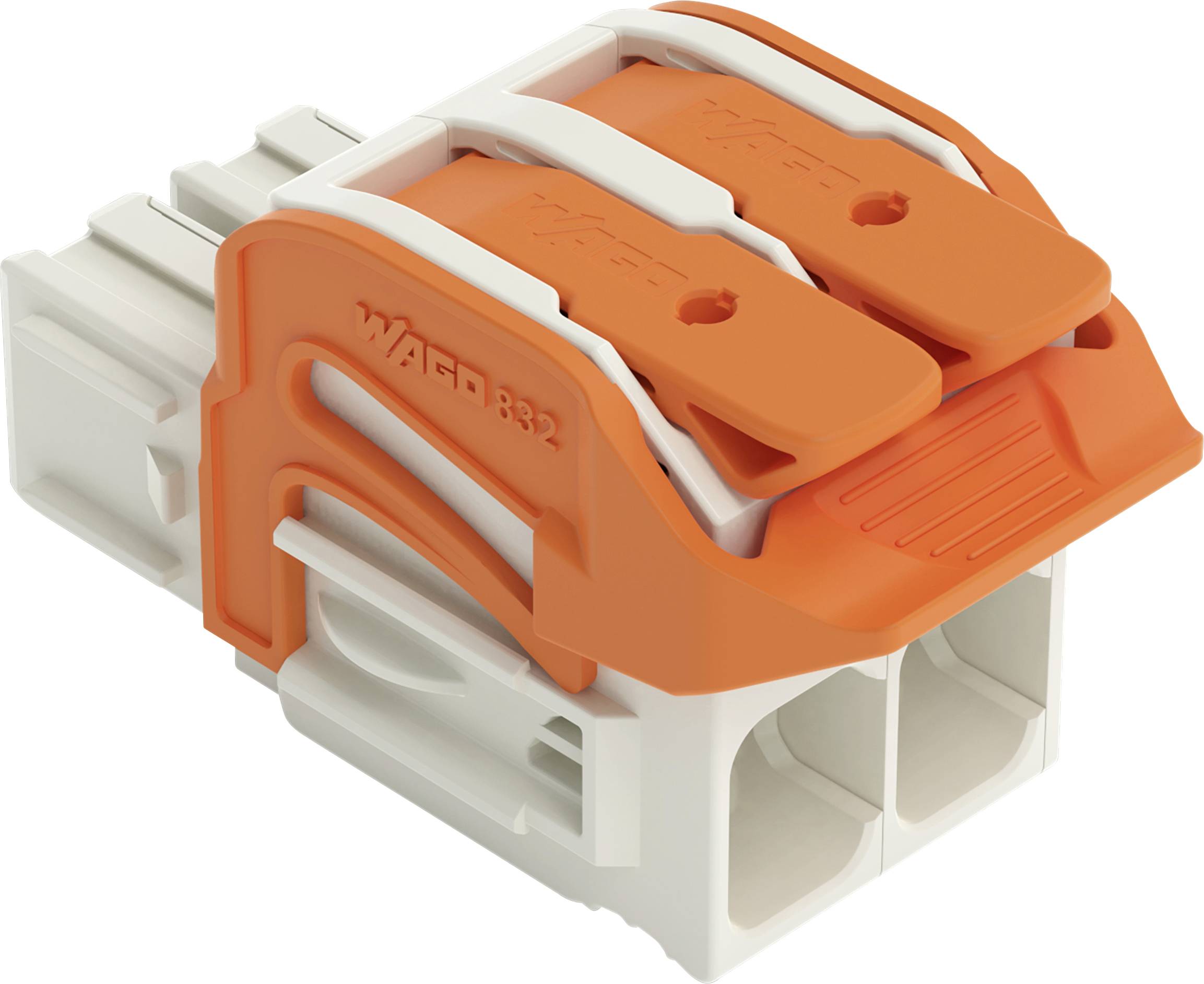 Ein orange-weißer Elektrostecker mit zwei Hebeln zum Befestigen von Drähten, konstruiert für schnelle und werkzeugfreie Drahtverbindungen.