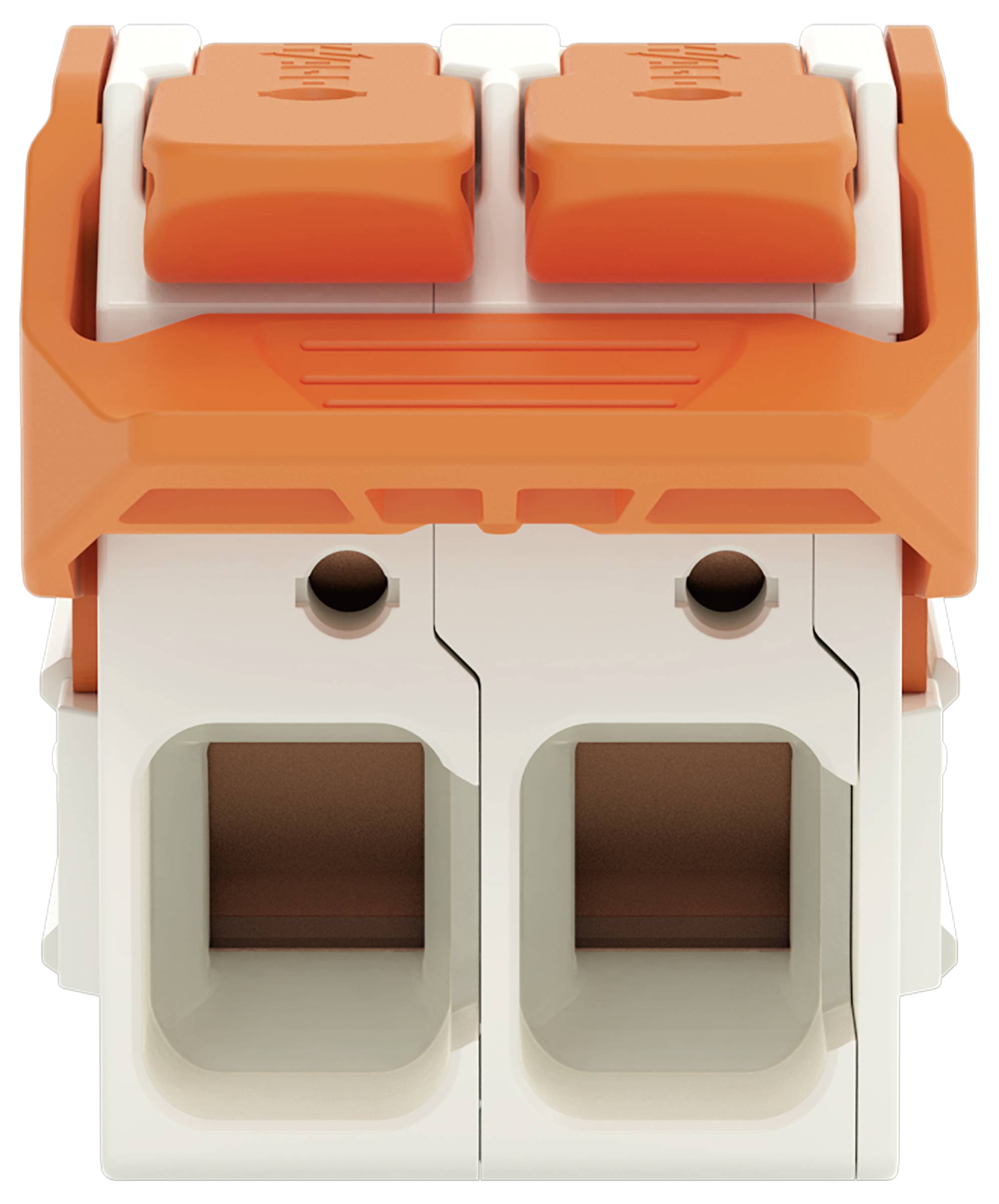 Ein 3-poliger Elektrostecker mit orangefarbenen Hebeln zum Einführen und Anschließen von Drähten, mit einer Montagebasis mit mehreren Löchern.