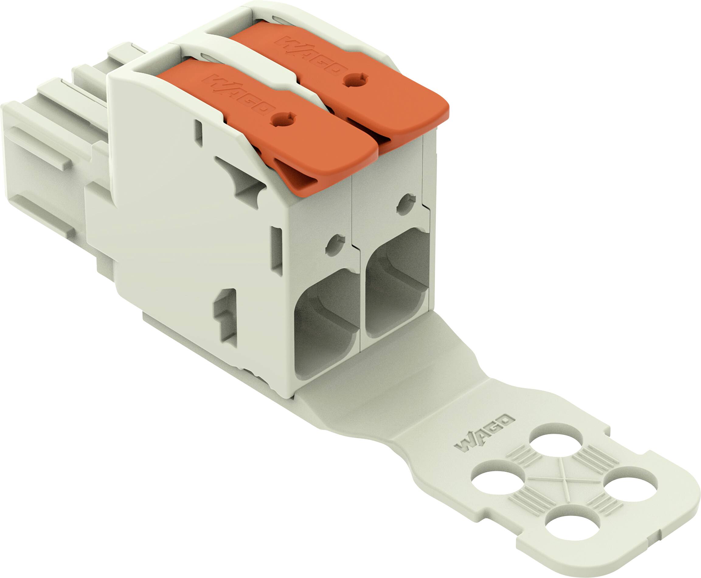 Ein zweipoliger elektrischer Stecker mit roten Hebeln und einer Montagebasis.