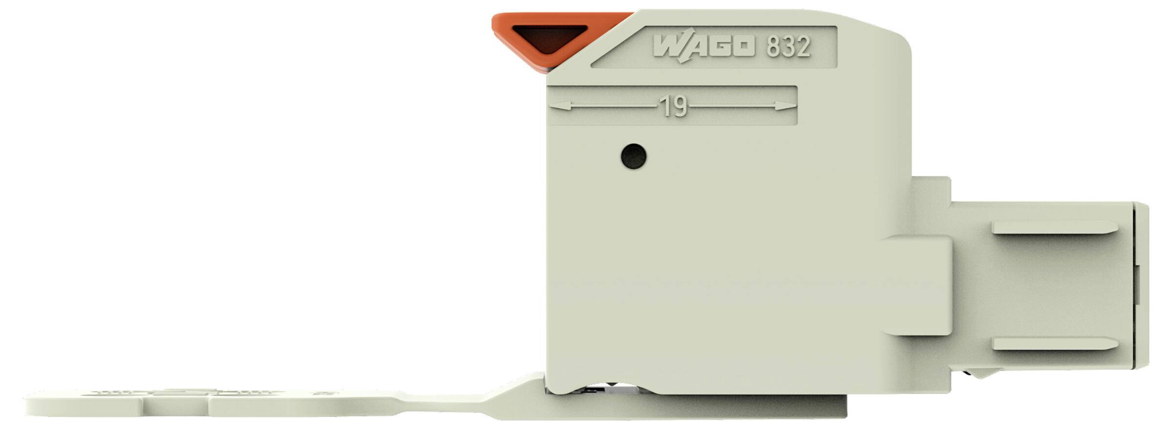 Seitenansicht eines Wago 832-Elektrosteckers mit grauem Gehäuse und orangefarbenem Riegel, der sein kompaktes Design und die Verbindungspunkte hervorhebt.