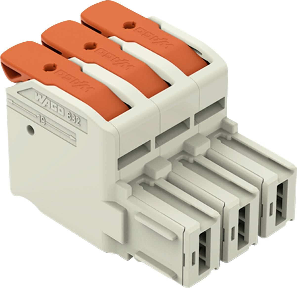 Ein dreipoliger, grau und orange farbener WAGO-Elektrostecker für sichere Drahtverbindungen.