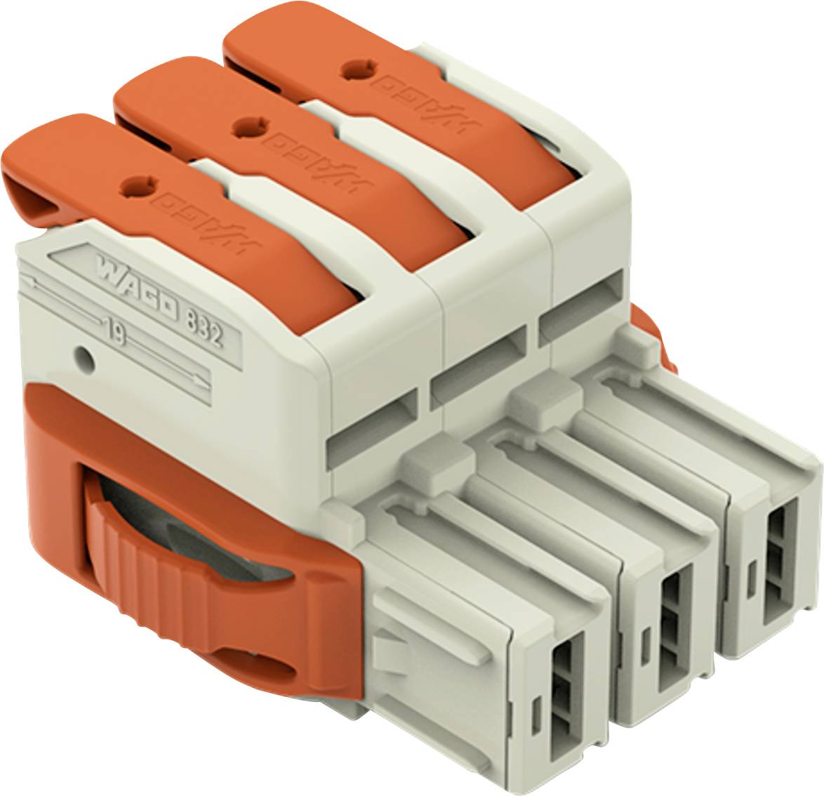 Ein grauer und oranger Elektrostecker mit drei Schlitzen und beschriftet mit 