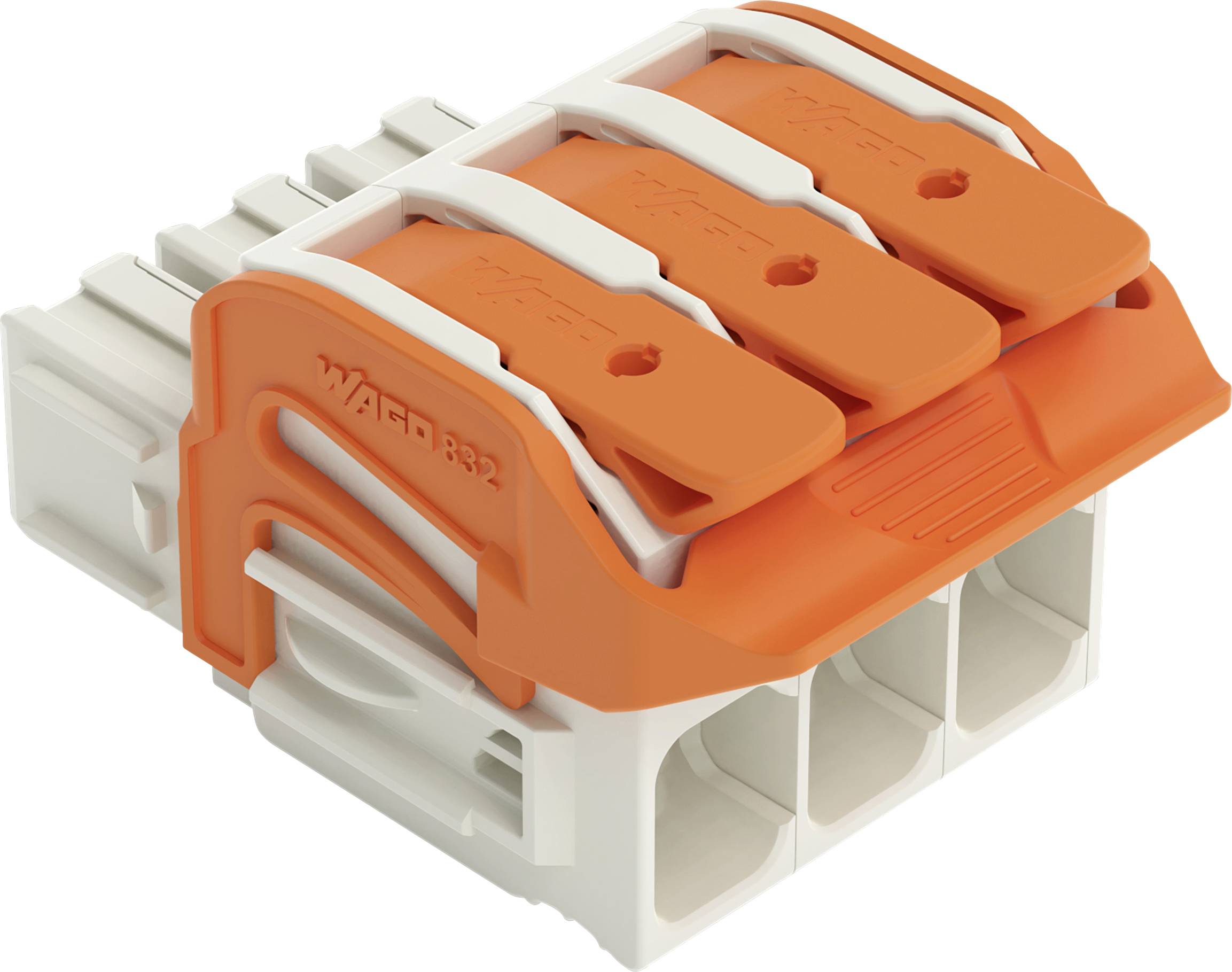 Ein orange-weißer Elektrostecker mit drei orangefarbenen Hebeln, entwickelt für einfache Kabelverbindungen in elektrischen Anlagen.