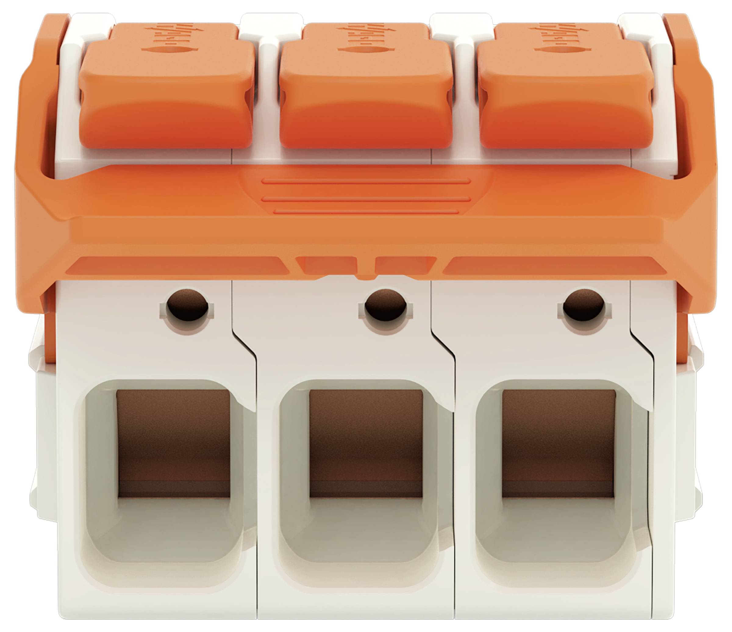 Drei-Schacht-Orange-Weiß-Elektrodraht-Steckverbinder mit Hebel-Klemmvorrichtungen für einfache und sichere Drahtinstallation.