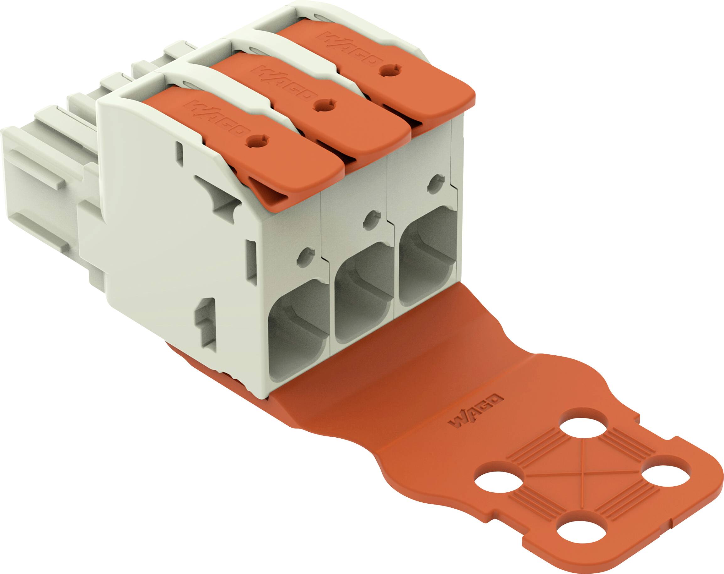 Nahaufnahme eines weiß-orangen Elektrosteckers mit drei Anschlüssen und einer flexiblen roten Lasche, die für sichere Verdrahtungsverbindungen verwendet wird.